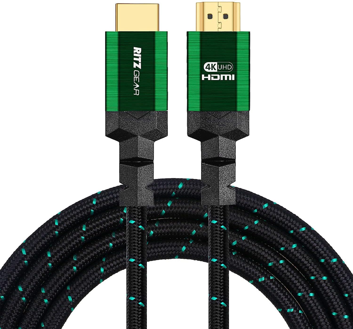 Ritz Gear 4K HDMI 2.0 Cable 15 ft. [2 Pack] 18 Gbps Ultra High Speed Braided Nylon Cord & Gold Connectors - 4K@60Hz/UHD/3D/2160p/1080p/ARC & Ethernet. Compatible with UHD TV/Monitor/PC/PS5/Xbox