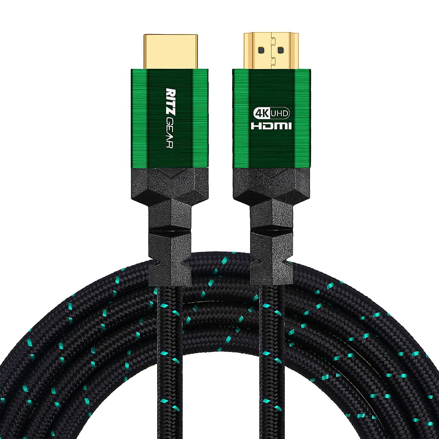 4K HDMI Cable 25 ft - Green - Braided Nylon Cord & 24K Gold Plated Connectors, Ritz Gear High Speed HDMI 2.0 with Ethernet