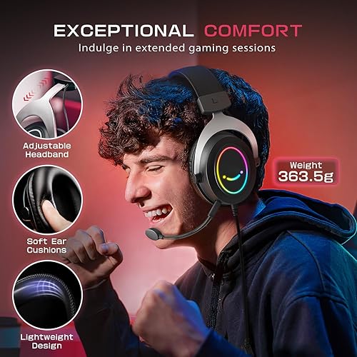Miniatura 3 de FIFINE Auriculares RGB para juegos, cómodos auriculares sobre la oreja con micrófono, conexión de conector de audio con cable, auriculares de cuero