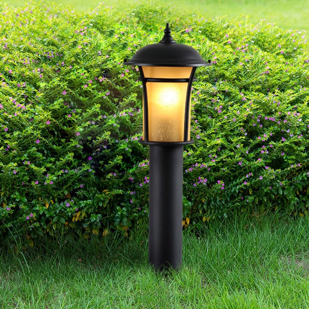 Europejska Lampa Ogrodzeniowa Z Żółtym Kloszem Szklanym, Słupek Oświetleniowy W Czarnym Wykończeniu, Lampa Naścienna Do Chodnika, Patio Lub Werandy,Large