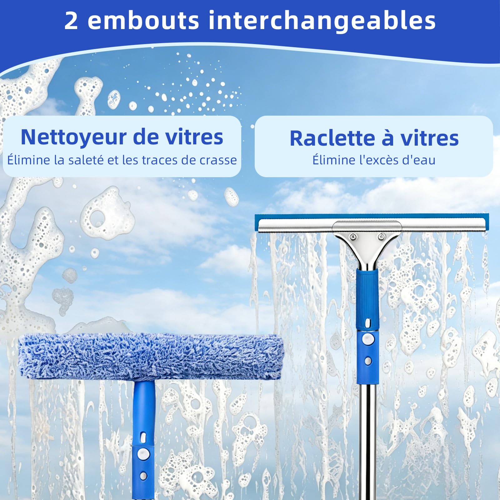 Kit de Nettoyage de Vitres, Inclure Seau 12L, Raclette Silicone, Brosse Microfibre, 200cm Télescopique Manche, Vaporisateur, Chiffon, pour Salle de Bain, Douche, Voiture, Miroir, Fenêtre