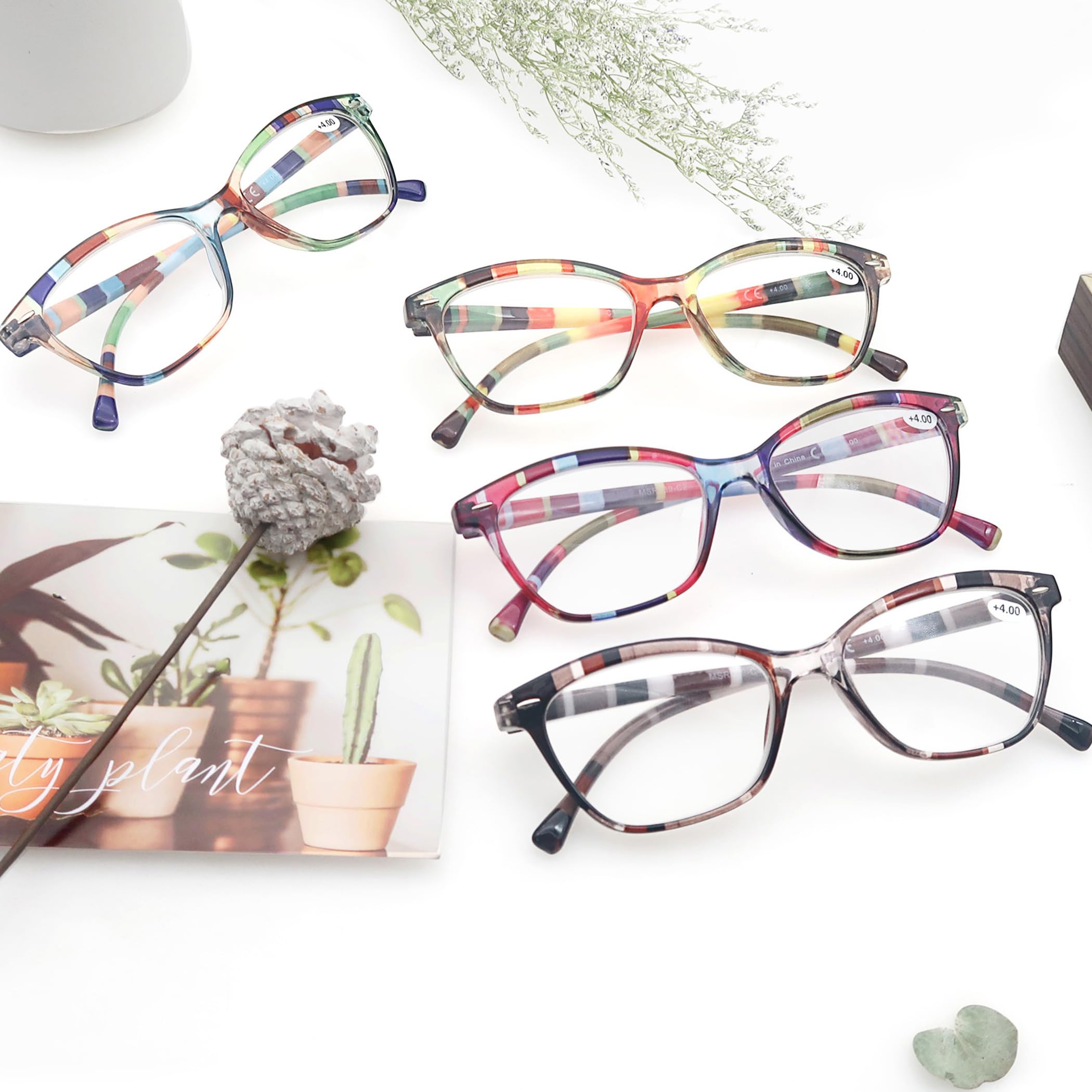 HEEYYOK Un Paquet de 4 Lunettes de Lecture pour Homme et Femme,Lunettes Loupe Leger Durable,Branches a Ressort Confortable,De Couleurs melangees
