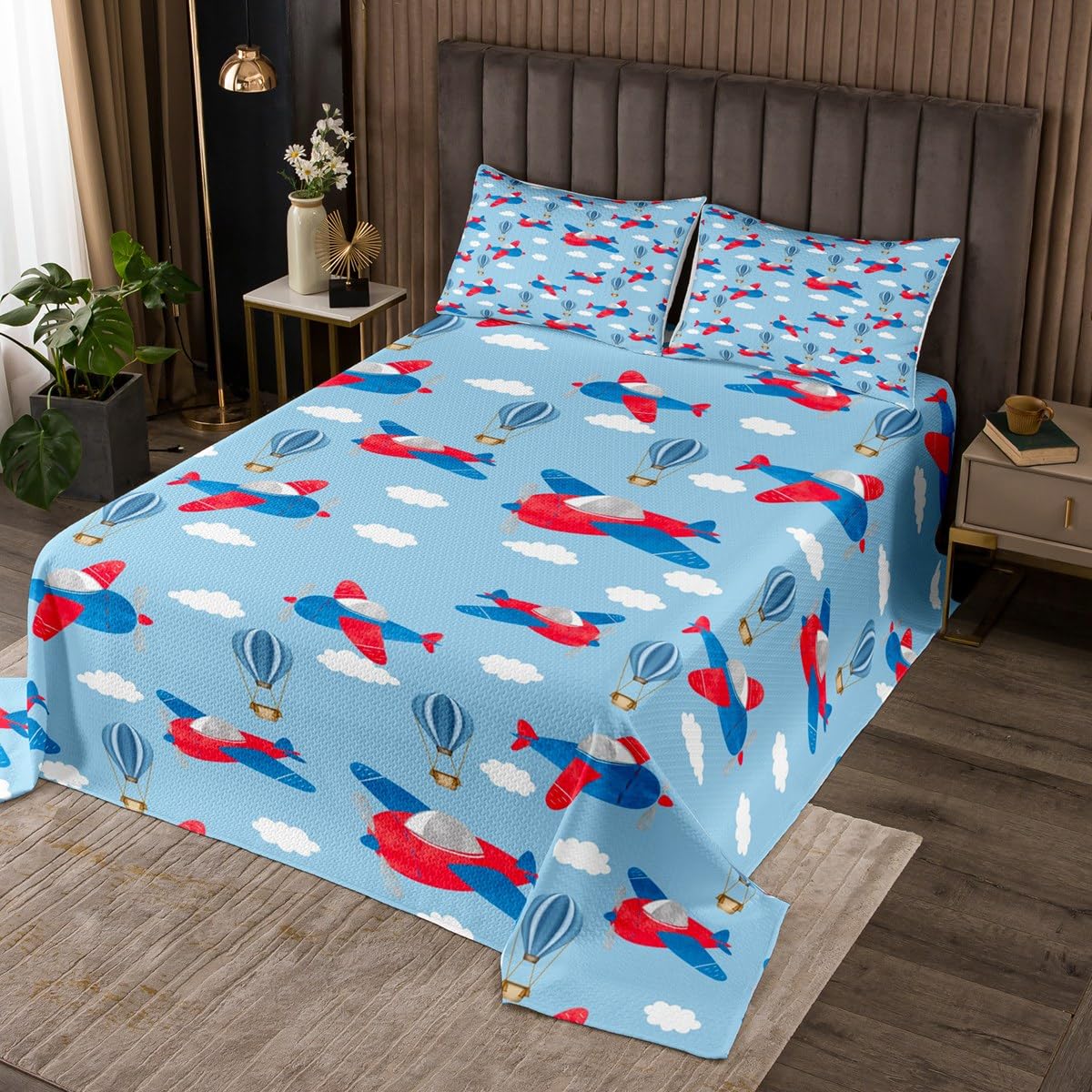 Erosebridal Kids Red Blue Plane Bedspread Queen Size Cartoon Aircraft Quilt Set, Sky Cloud Coverlet Set Blue Hot-Air Balloon Bedding Set, Boys Girls Flying Airplane Bed Cover Lightweight Soft 3pcs