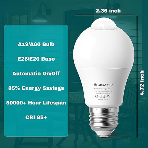 Miniatura 7 de Paquete de 4 bombillas con sensor de movimiento, 12 W (equivalente a 100 W), bombilla LED de seguridad E26 A19 para exterioresinteriores, bombilla