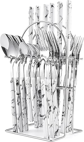 Juego de cubiertos de 24 piezas, juego de cubiertos de acero inoxidable con soporte, juego de utensilios pulidos de espejo para 6, juego de vajilla