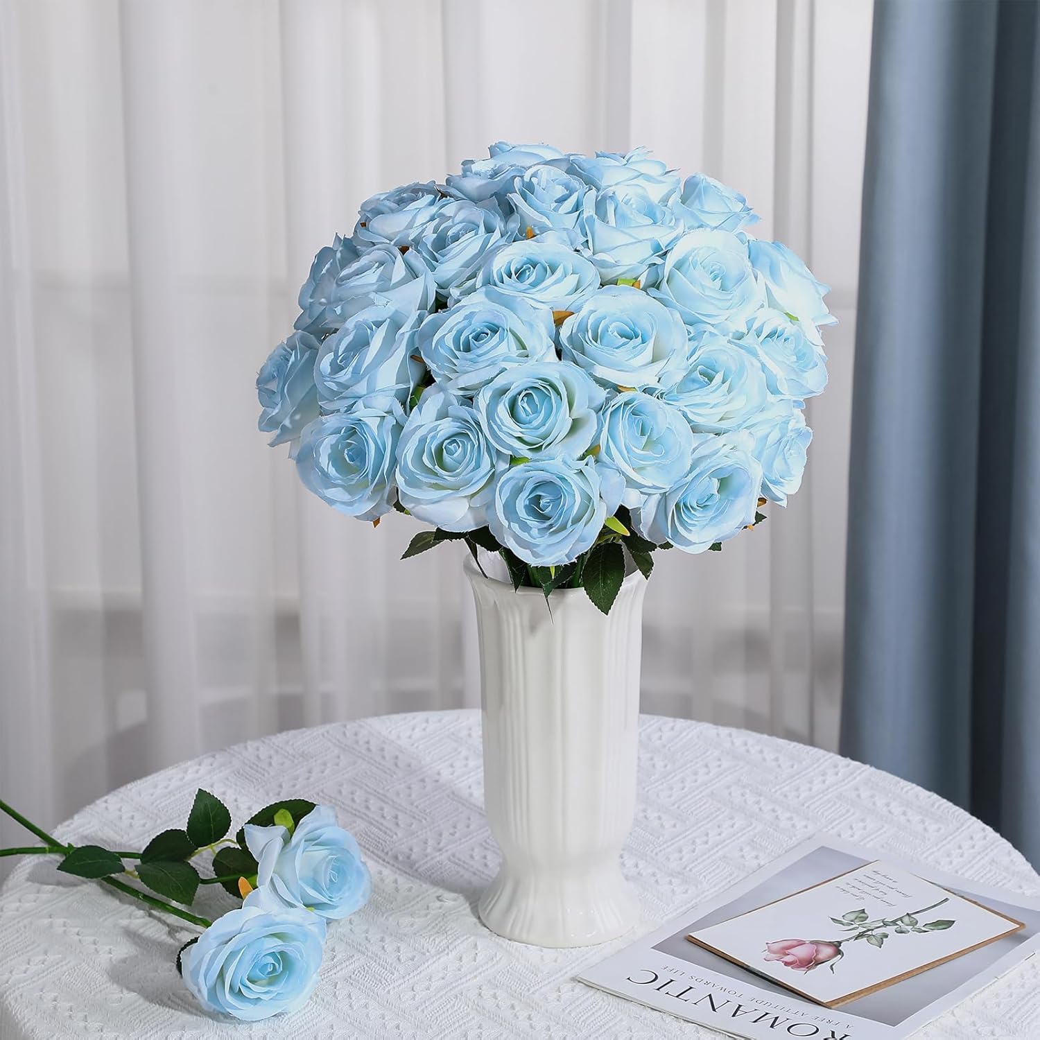 68 Pcs Ice Blue Artificial Roses Fake Flowers,Silk Flowers with Stems for DIY Wedding Bridal Shower Centerpieces Arrangements Tables Decorations - Image 4
