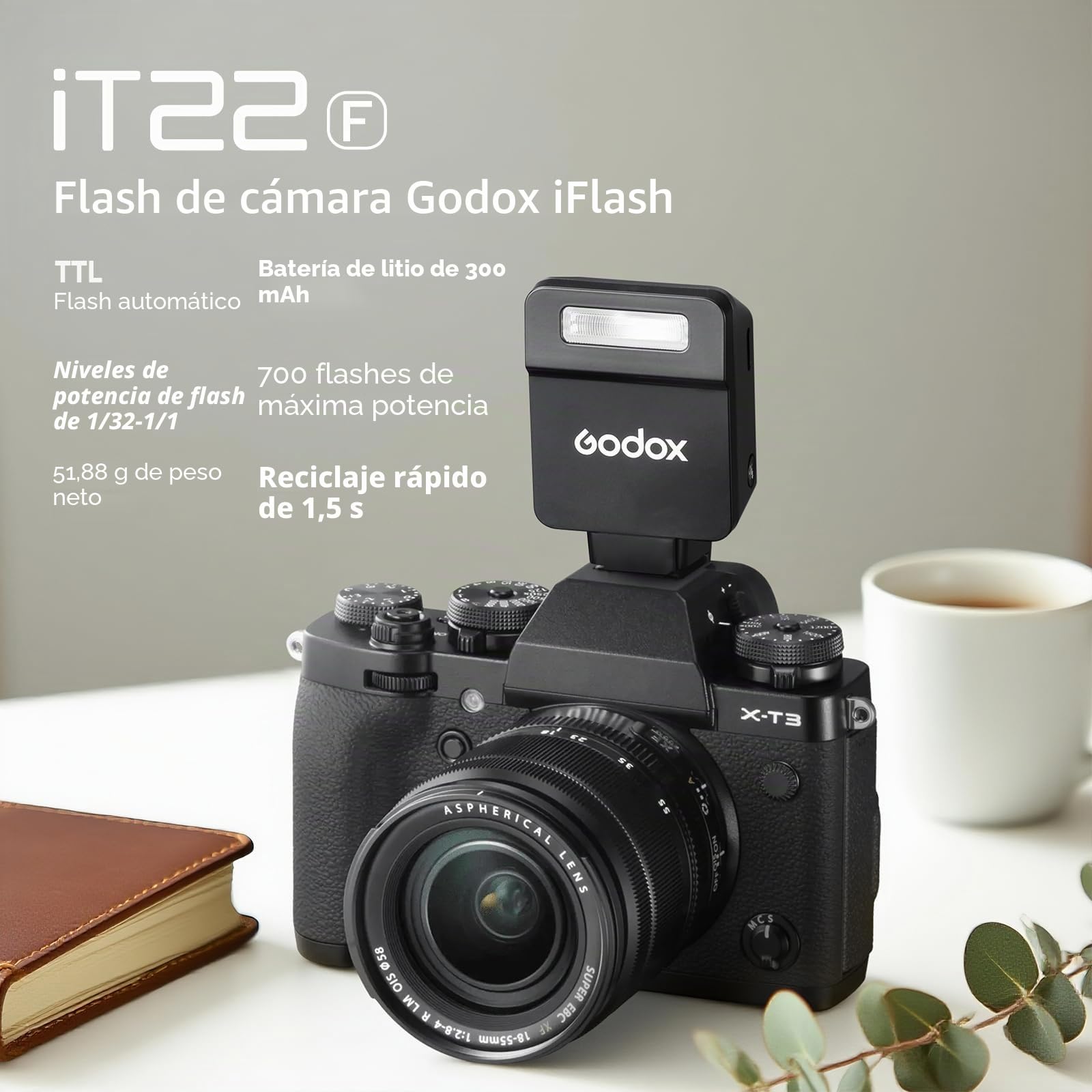 Godox iT22-F Flash para Fujifilm, TTL Mini Flash con Pantalla Intuitiva, Reciclaje en 1.5s, 700 Destellos a Potencia Máxima con Batería Interna Recargable USB-C, Flash de Bolsillo Portátil (Negro)