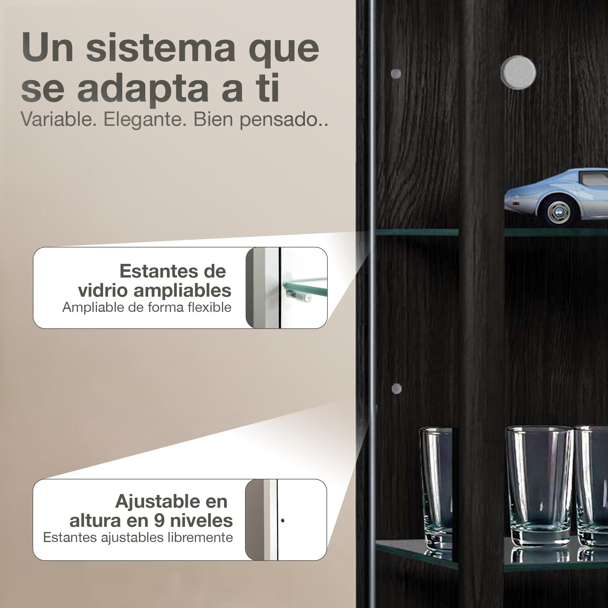 Vitrina de Cristal en Negro (176x37x33 cm) con 4 estantes de Cristal Regulables en Altura,LED - Vitrina para maquetas de Coches Negro - Vitrina de exposición