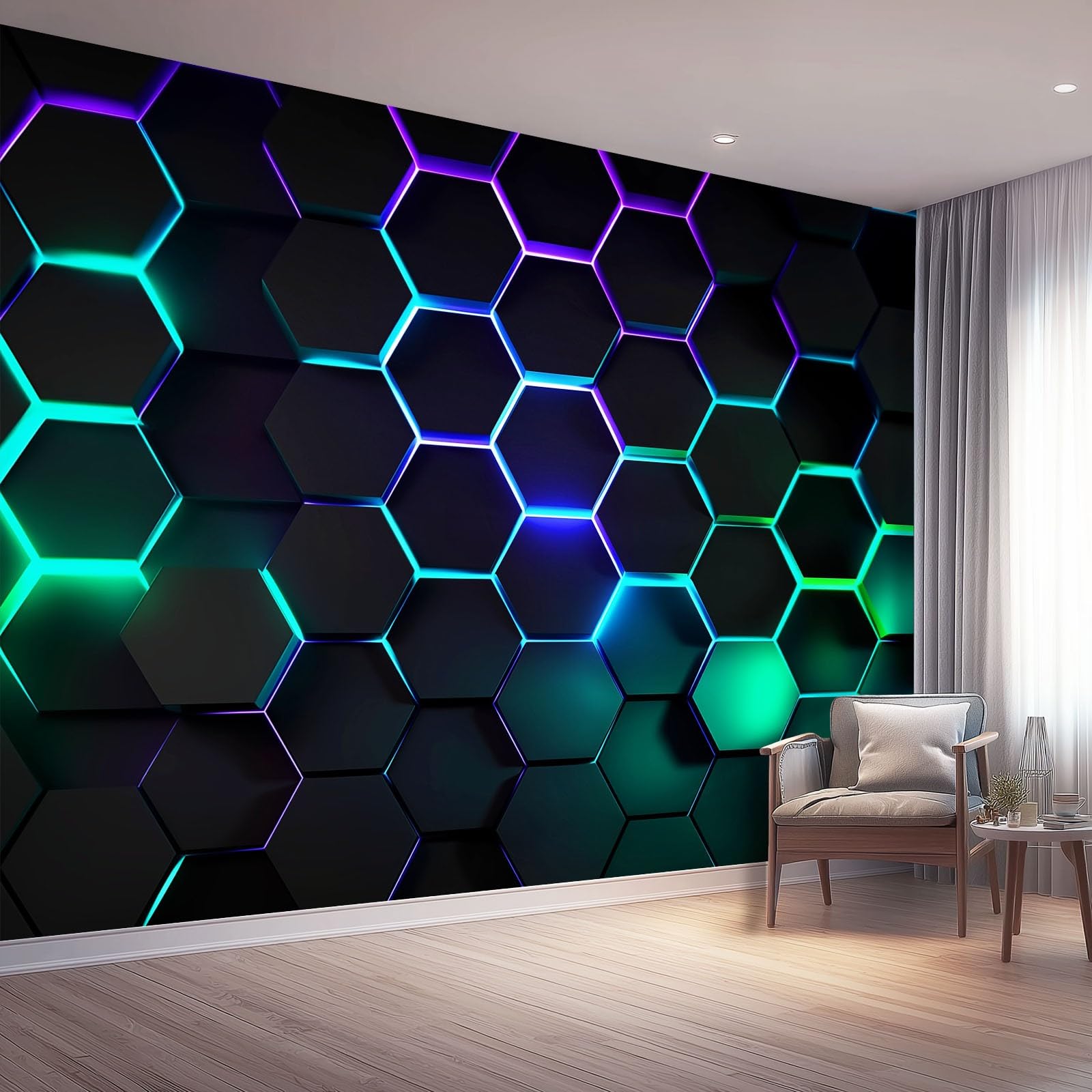 Abstract Geometric Wall Mural Wallpaper 400x280 cm (WxH), Neon Light Hexagon Non-Woven Photo Wallpaper, Dark Green Large Wall Art Home Covering Decoration for Living Room Bedroom Dining Room