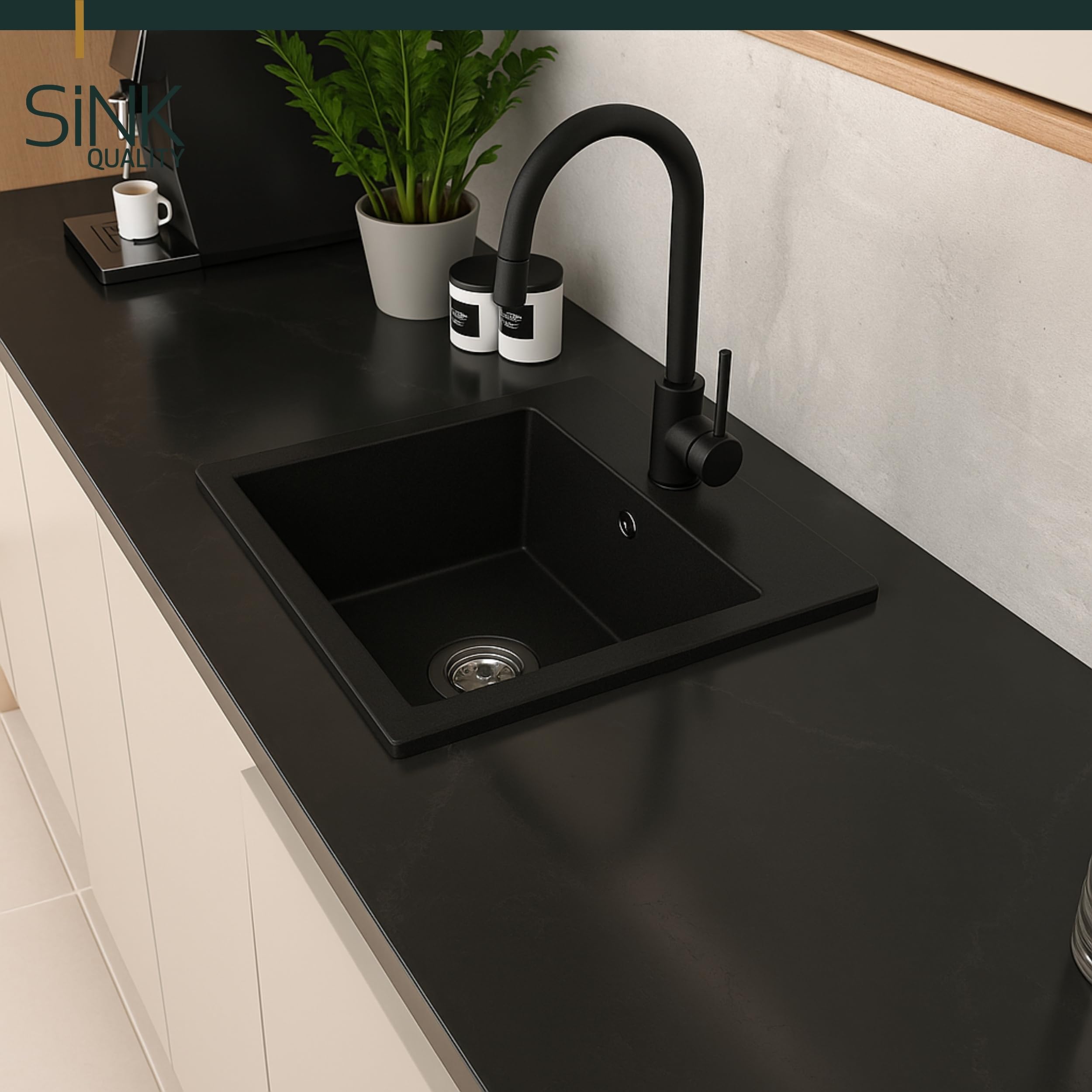 SINK Quality zlewozmywak czarny 45 × 42 cm – zlewozmywak z syfonem – umywalka do szafki pod umywalkę od 45 cm – zlewozmywak granitowy 1 umywalka – czarny zlew bez ociekacza