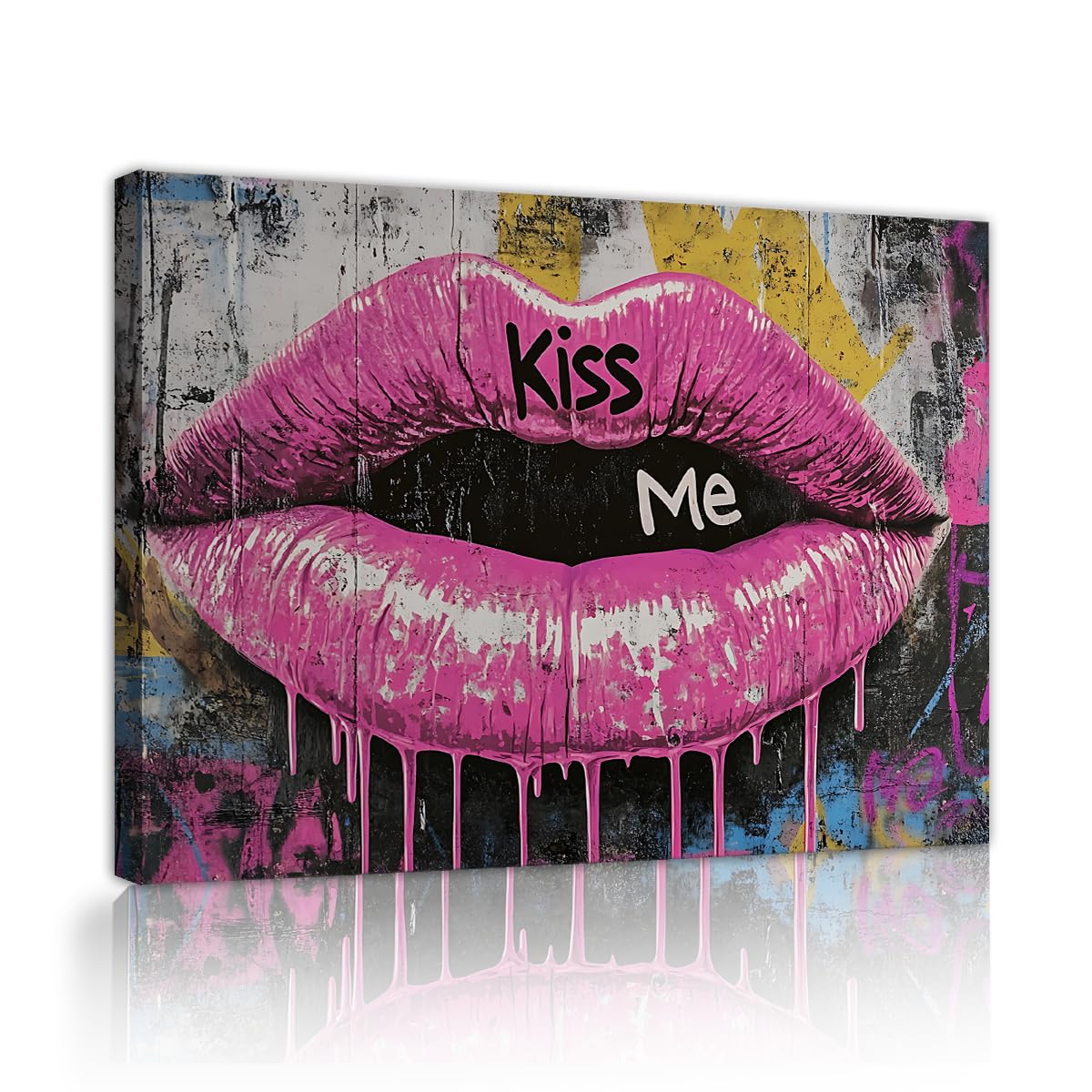 TOANGWALL Lips Canvas Wall Art Bedroom Graffiti Lips Framed Poster Prints Trendy Pop Art Pink Drips Abstract Painting for Lounge Decor 70x85cm