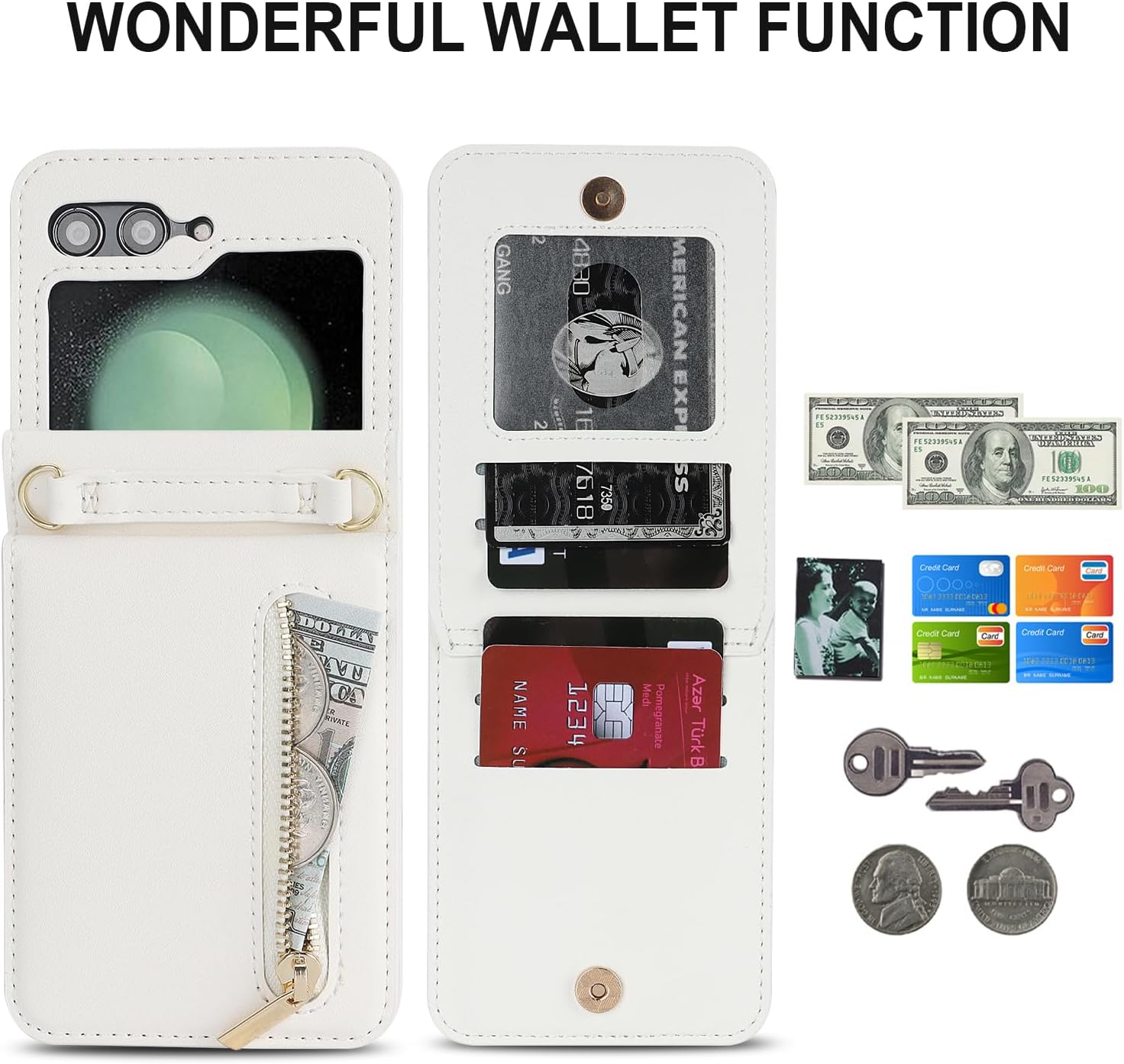 for Samsung Galaxy Z Flip 6 Luxury Zipper Wallet Phone Case, Multi-Function Kickstand Card Holder Adjustable Crossbody Strap, Fashion Flip Case.(White)