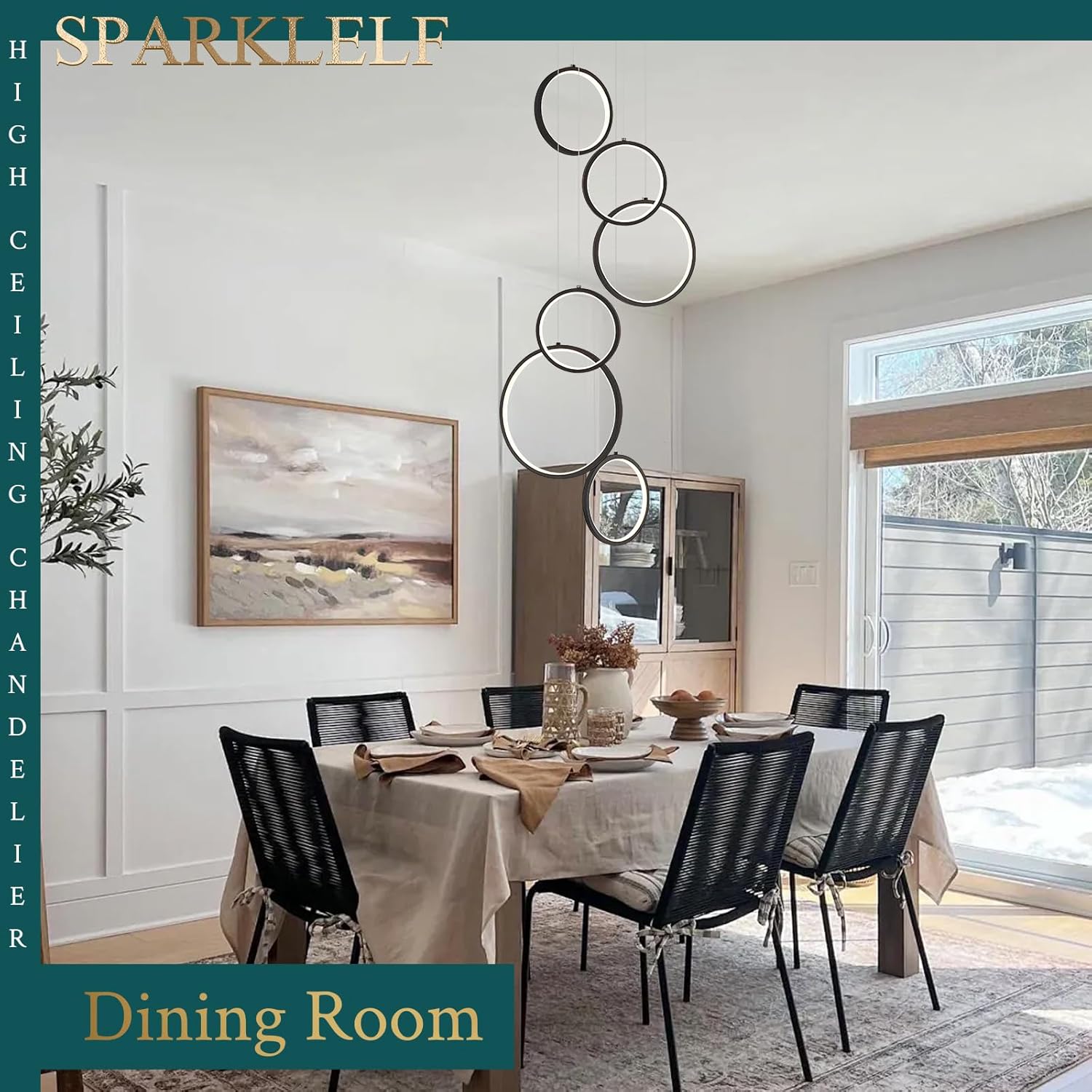 6 Rings Modern LED Chandelier for High Ceiling Dimmable Black Contemporary Pendant Light Fixture Long Foyer Chandelier for Entryway Staircase Dining Room Living Room, 3000-6500K