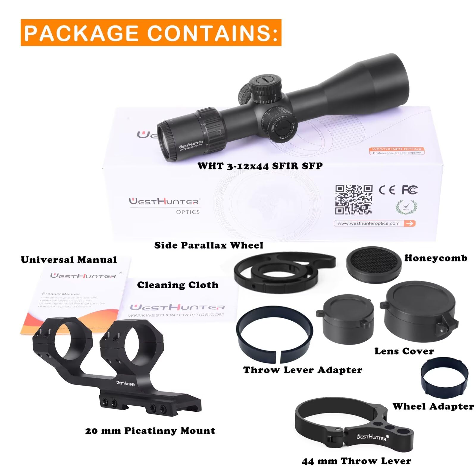 WestHunter Optics Wht 3-12x44 SFIR SFP Precisión Miras Telescópicas, Tubo de 30 mm, Segundo Plano Focal Iluminación Rojo 1/10 MIL, Exclusivo para Competiciones Deportivas de Larga Distancia