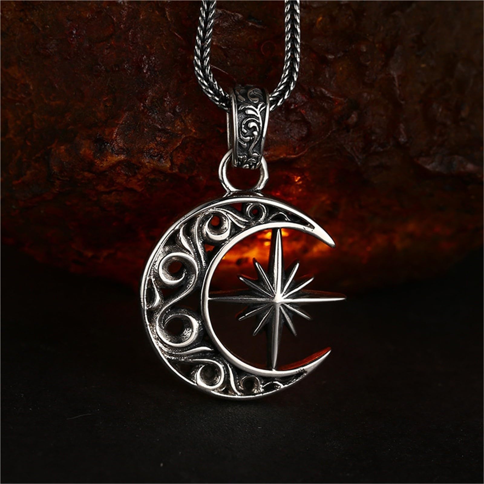 Herren Halskette Herrenhalsketten, Anhänger mit Stern und Mond S925