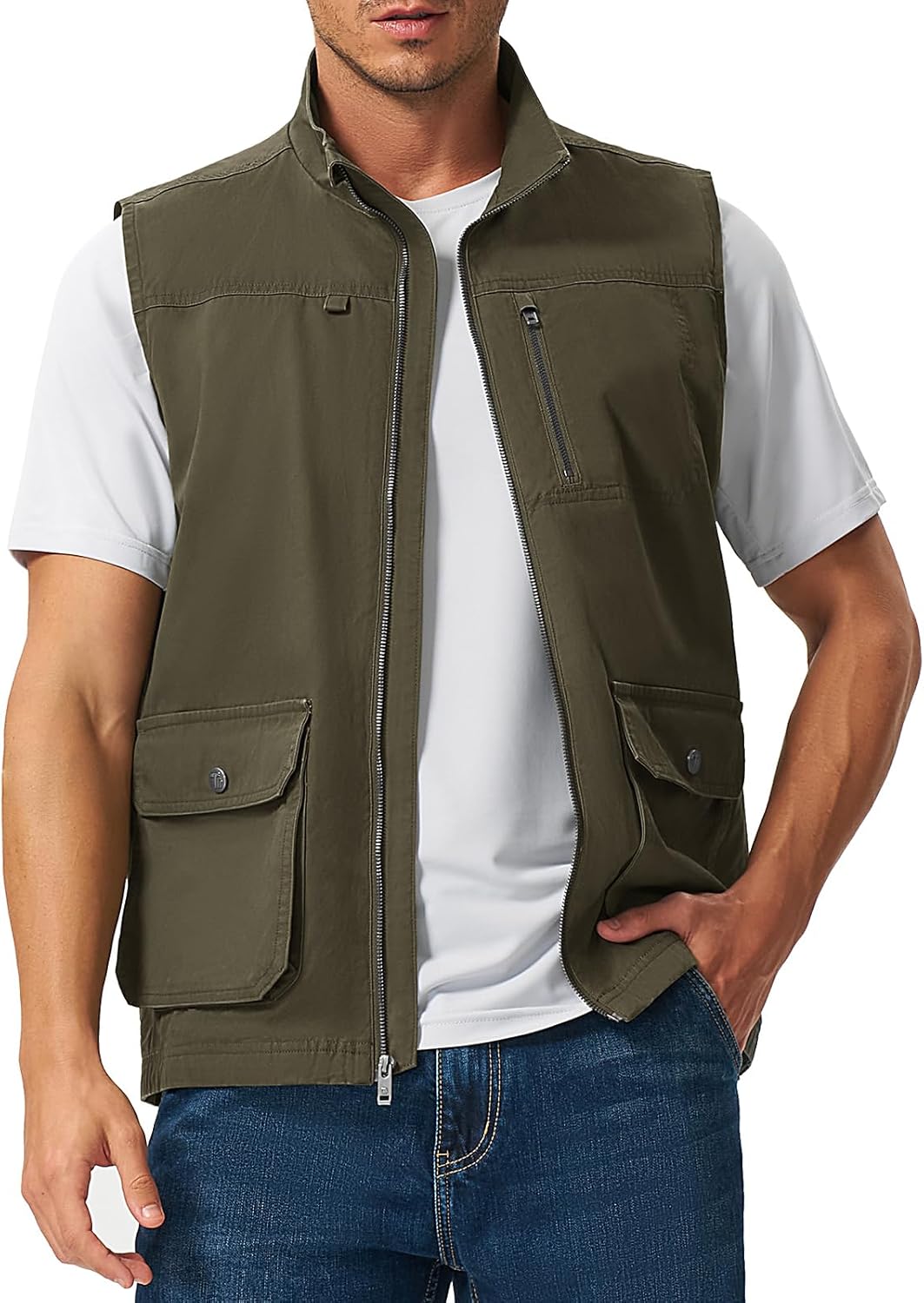 Rdruko Men's Cotton Travel Utility Vest - 4 Pockets, Stand Collar, Full Zip for Safari, Fishing, Photography, Hiking