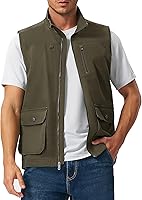 Rdruko Men's Cotton Travel Utility Vest - 4 Pockets, Stand Collar, Full Zip for Safari, Fishing, Photography, Hiking