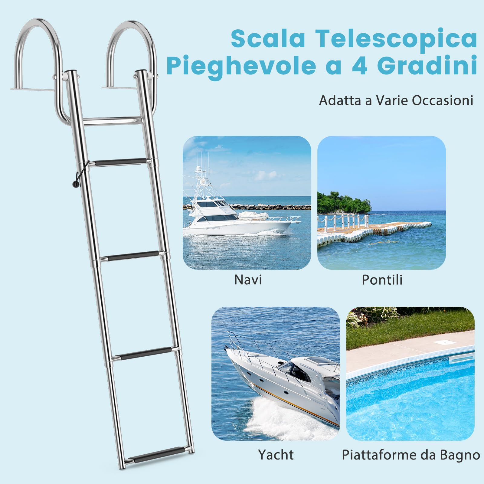 COSTWAY Scaletta Piscina Fuori Terra con 4 Gradini, Portata 227 kg, Scaletta per Pontile Pieghevole in Acciaio Inox con Corrimano e Gradini Antiscivolo, Resistente e Leggera, per Barca