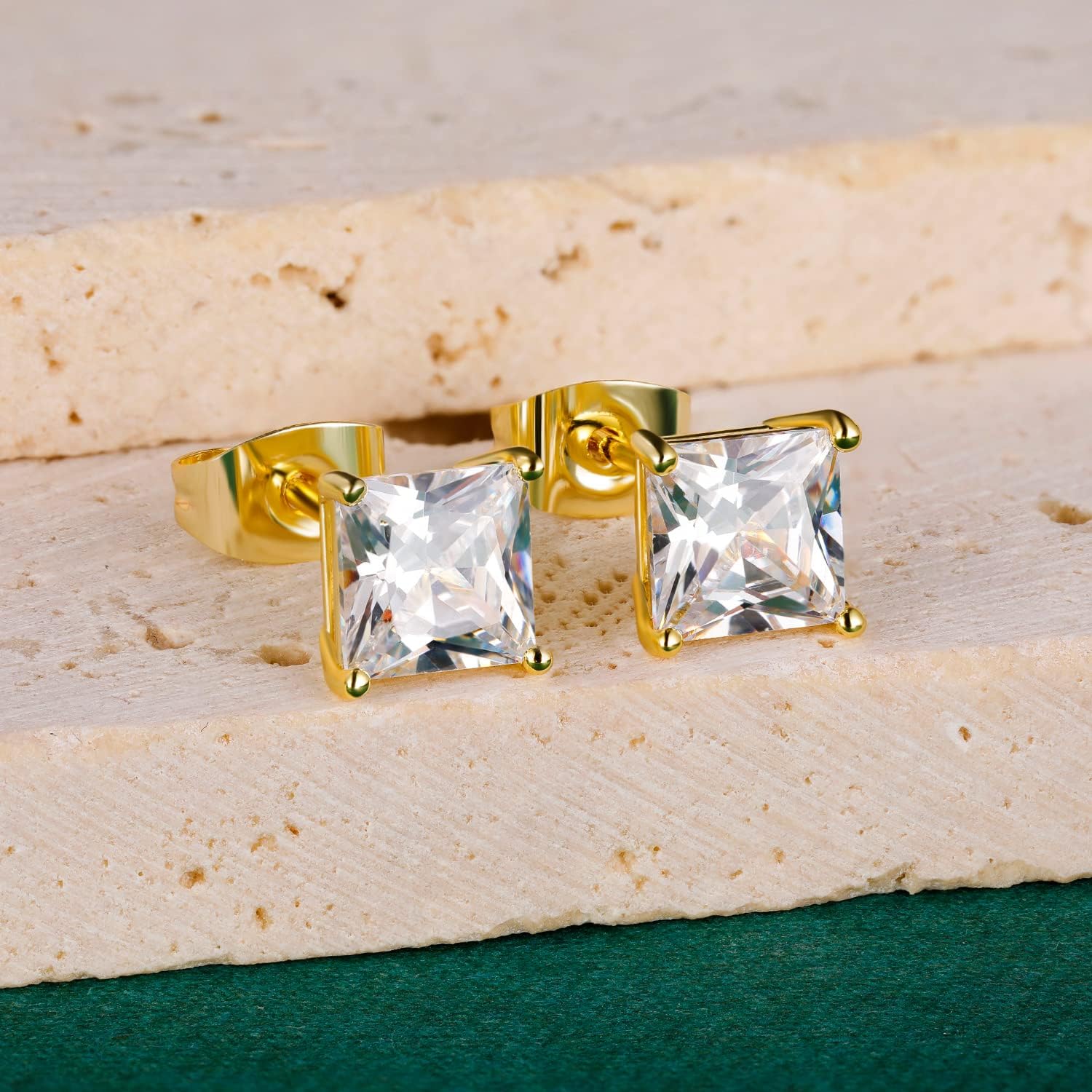 Stud Earring Set for Women Men 18K Yellow/White Gold Plated Princess Cut 4 Prong Graduated Square Clear Cubic Zirconia Pakc of 6 Pairs 3-7mm - Image 2
