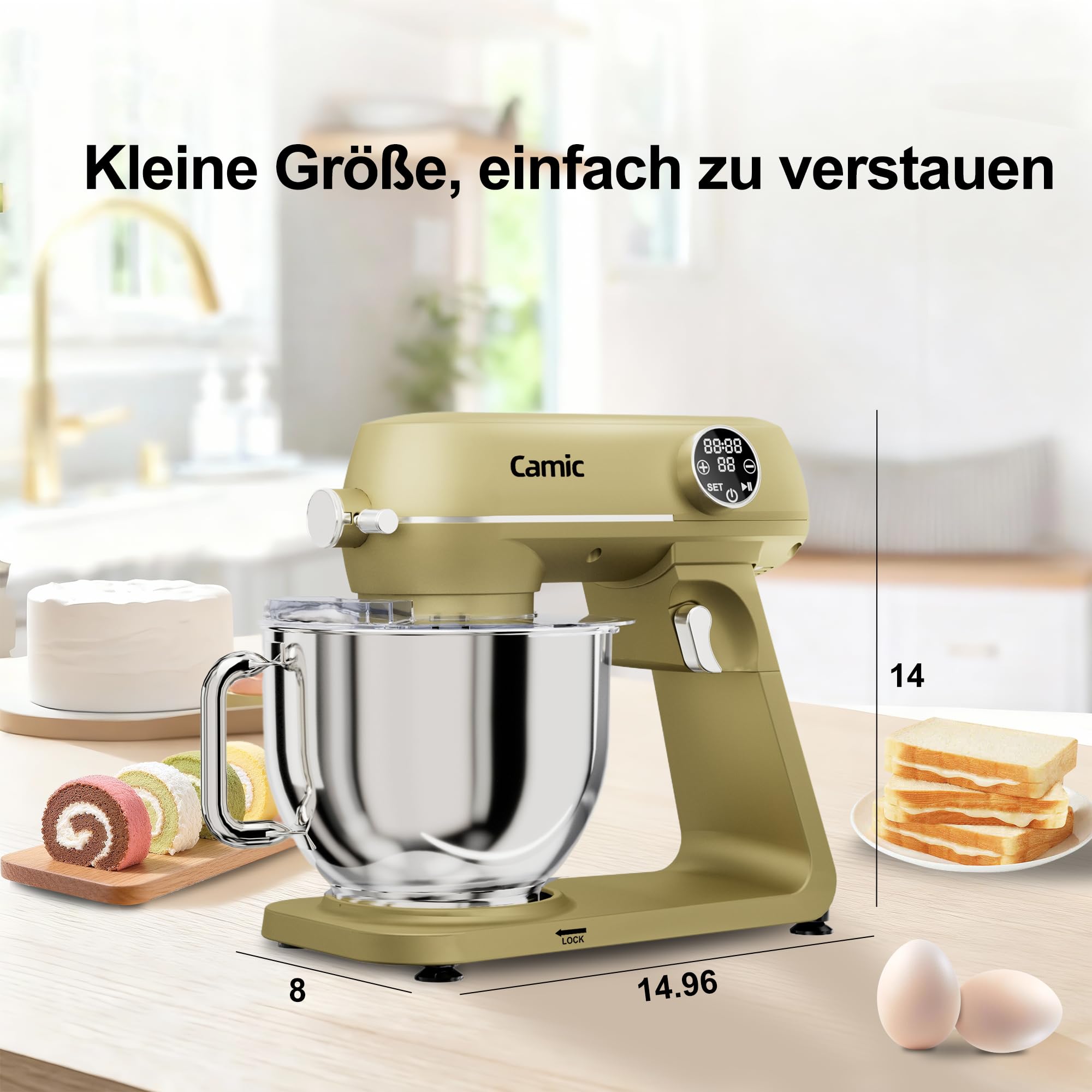 Camic Küchenmaschine 1800W, 8L Knetmaschine aus Vollmetall mit 10 Stufen, digitaler Touchscreen, Timer, Teigmaschine mit Schneebesen, Knethaken und Rührbesen zum Backen von Kuchen, Keksen und Brot