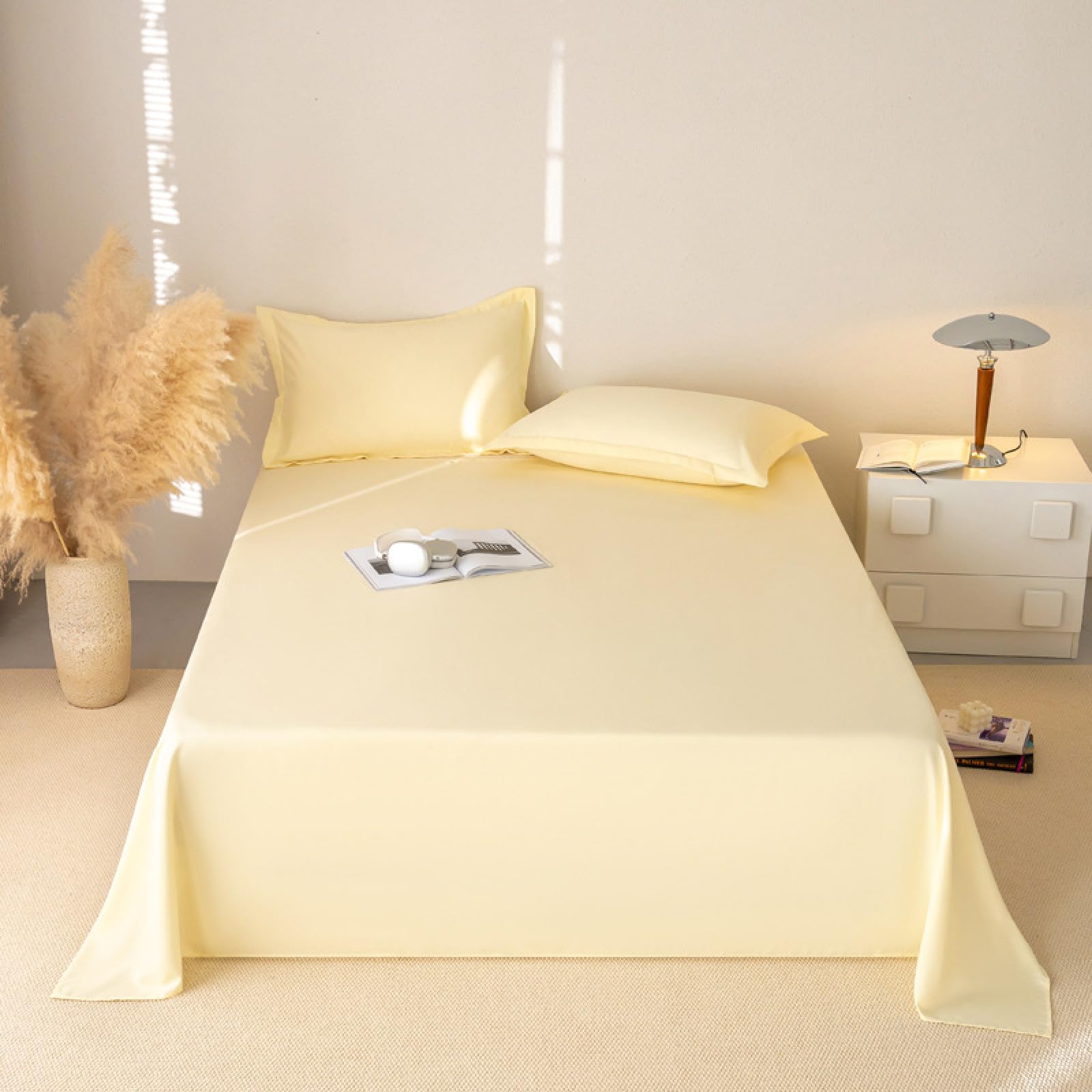 Drap plat 2 personnes 180x230 cm en coton jaune sans élastique pour grand lit