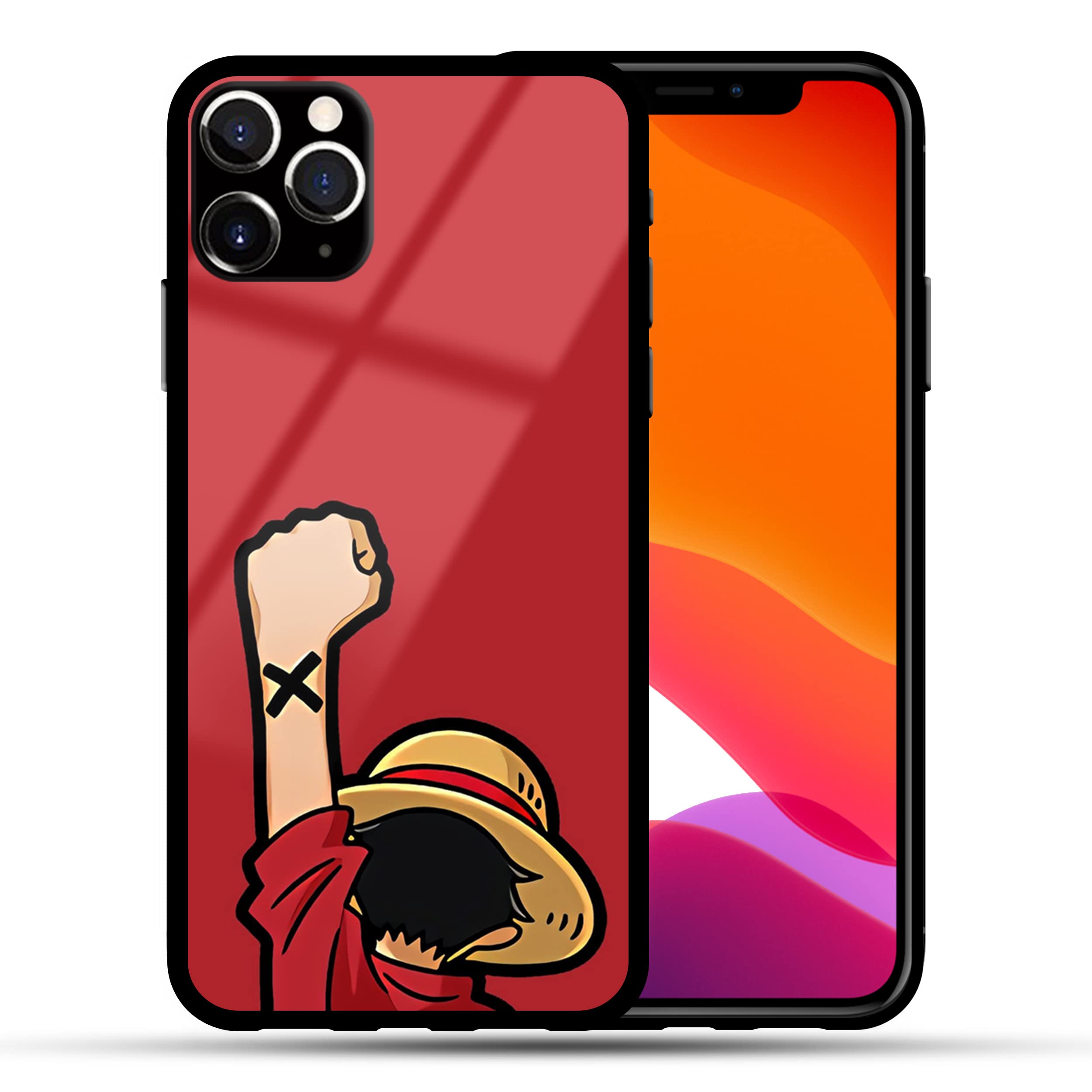 BienesMartB Mart One Piece Series Luffy Printed Design Anime iPhone Back Case | Strong Tempered Glass Back Cover | Camera & Edge Protection | Wireless Charging (11 Pro)