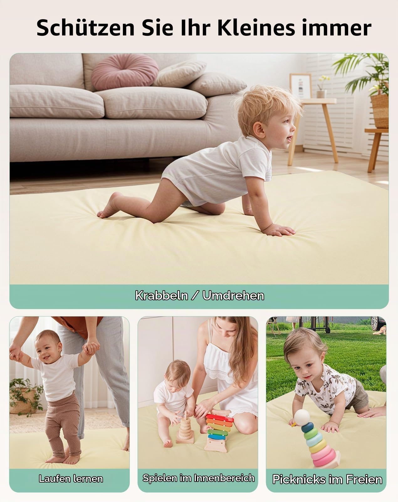 COMOMY Veganes Leder Krabbelmatte Baby, 127x127x3 cm Krabbeldecke für Baby, Extra Dicke und Weiche Schaum Spielmatte Baby Kinder, Wasserdicht & Rutschfeste Baby Play Mat für Laufstall (Elfenbein)