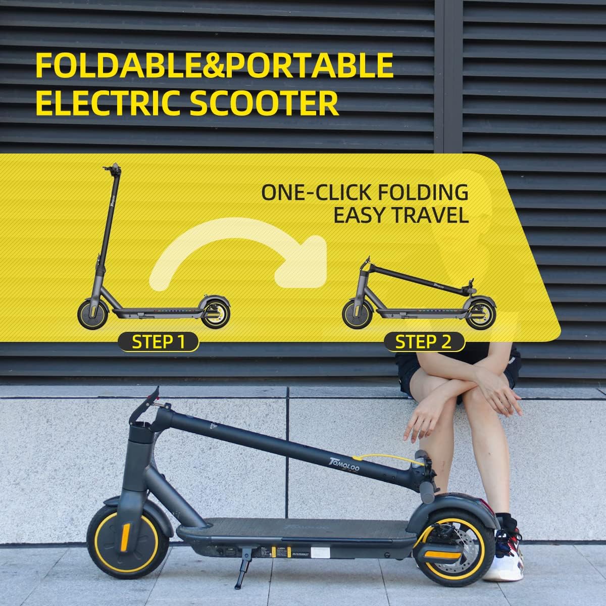 Diagram showing two steps of unfolding the TOMOLOO electric scooter