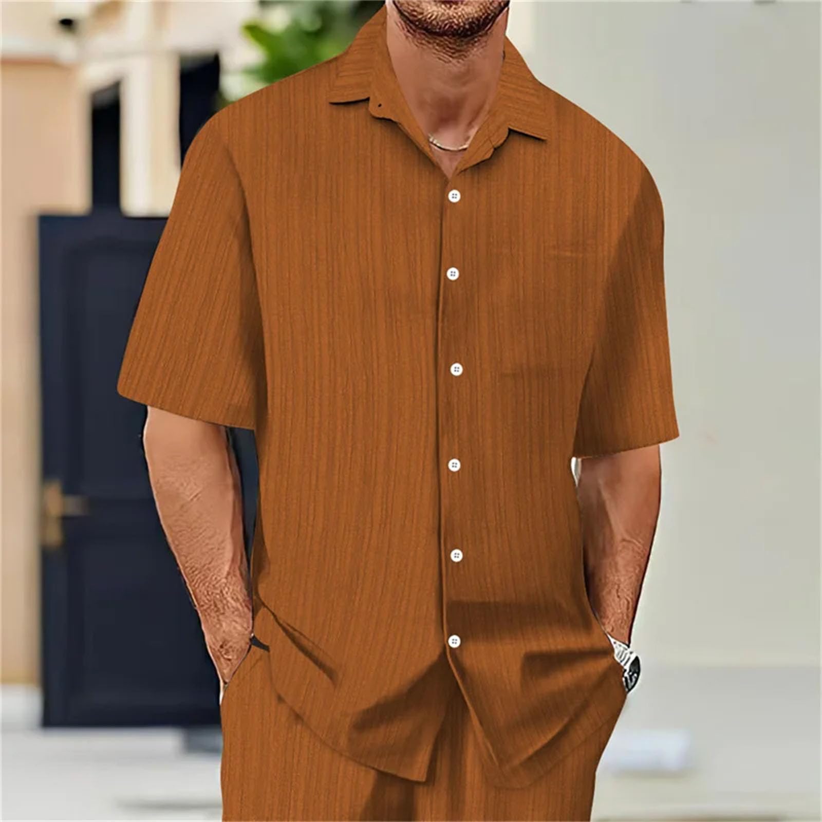 Camisa de manga corta para hombre, ligera, transpirable, color sólido, cuello de vuelta, para uso diario