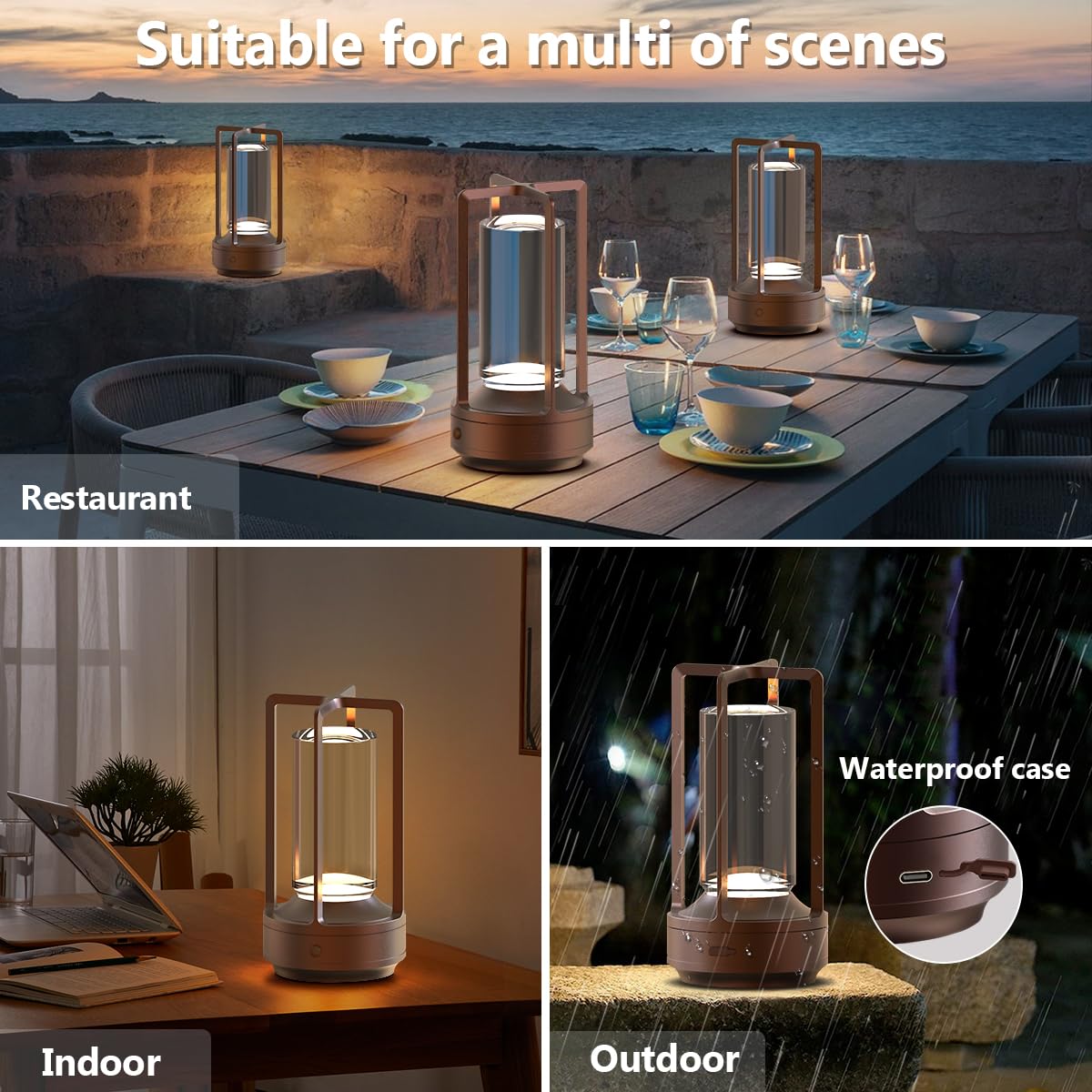 Hapfish LED Tischlampe Kabellos Aufladbar 2er Set, Moderne Kristall Tischleuchte Akku, Aluminium Wasserdicht mit Griff, Tischlampen Dimmbar für Restaurant Outdoor Nachttisch Wohnzimmer - Braun | Aluminium Wasserdicht mit Griff, Tischlampen Dimmbar für Res