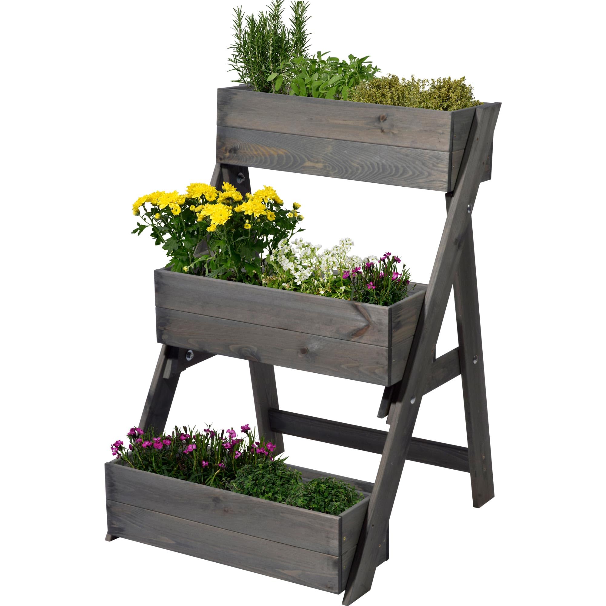 dobar® Dreistufige Pflanztreppe Outdoor aus Massiv-Holz für Balkon und Garten - Blumenbeet mit 3 Pflanzkästen wetterfest lasiert für draußen - 60 x 70 x 90 cm - Anthrazit