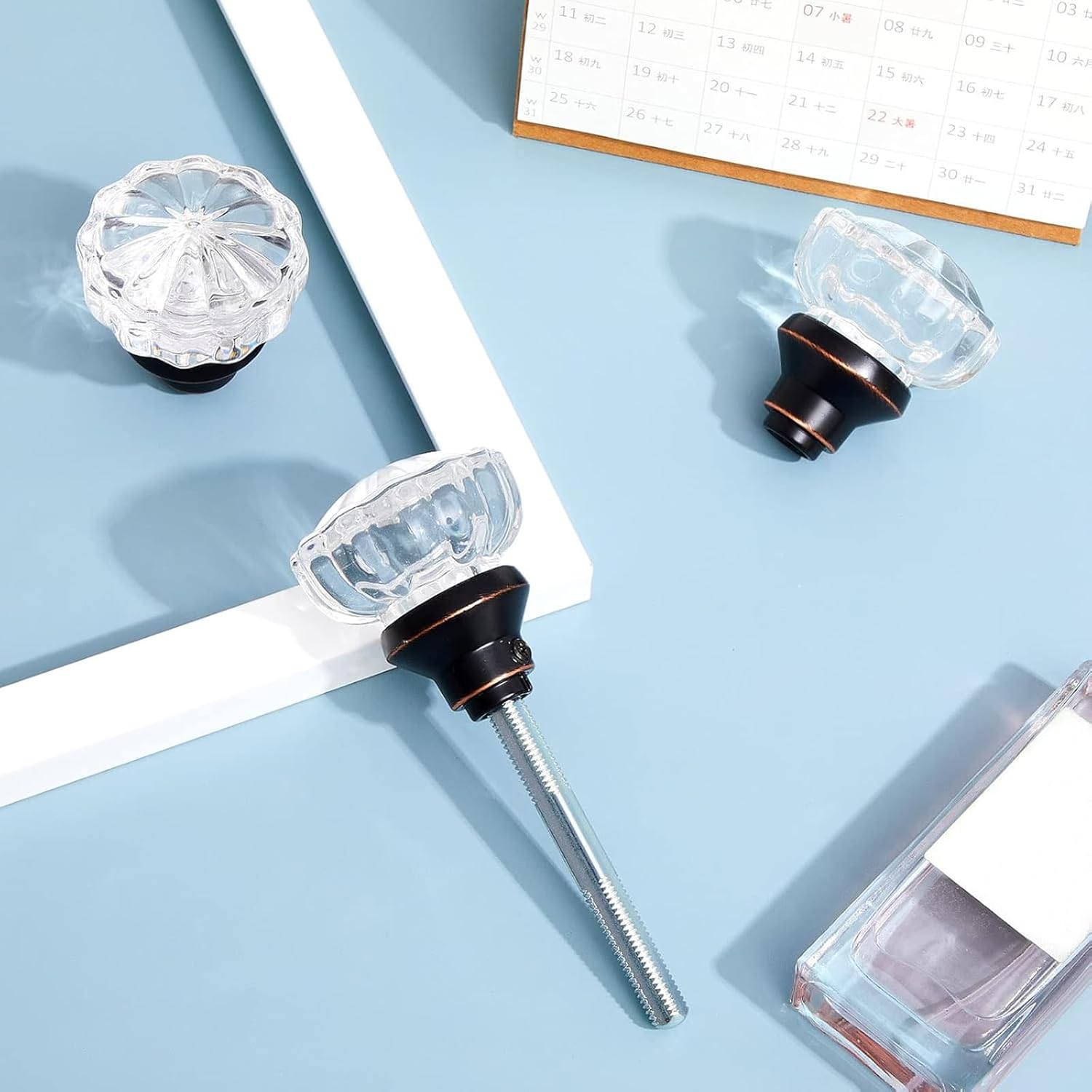 Amylove 8 Set Crystal Door Knobs Mortise Style Fluted Glass Door Knobs Antique with Spindle Antique Doorknobs for Interior Doors (Bronze)