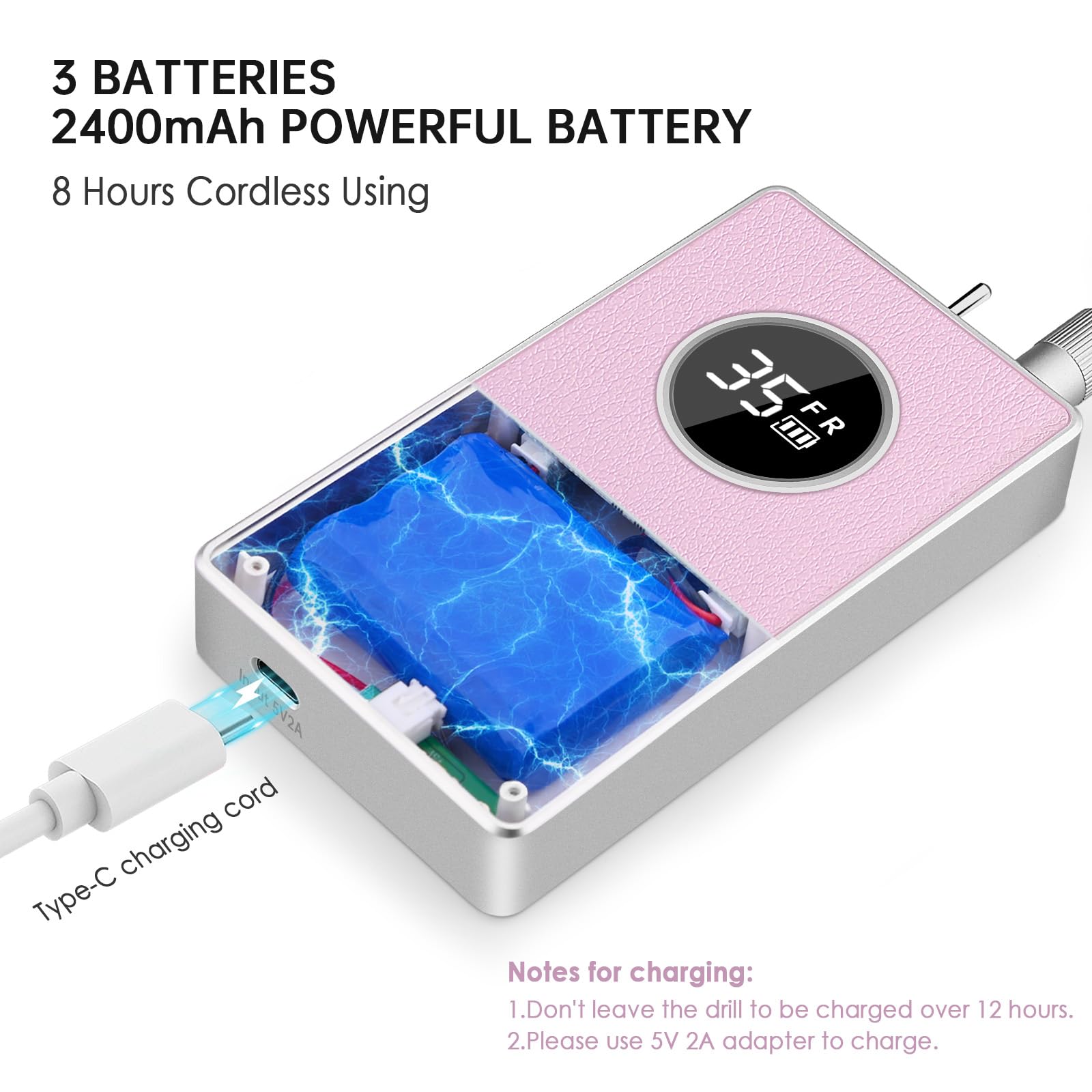 Kredioo Nagelfräser Akku 35000 U/Min Elektrische Nagelfräser für Gelnägel 2 in 1 Tischgerät und Tragbare Fräser Set Kabellos Nutzung 8 Stunden Rosa Lila