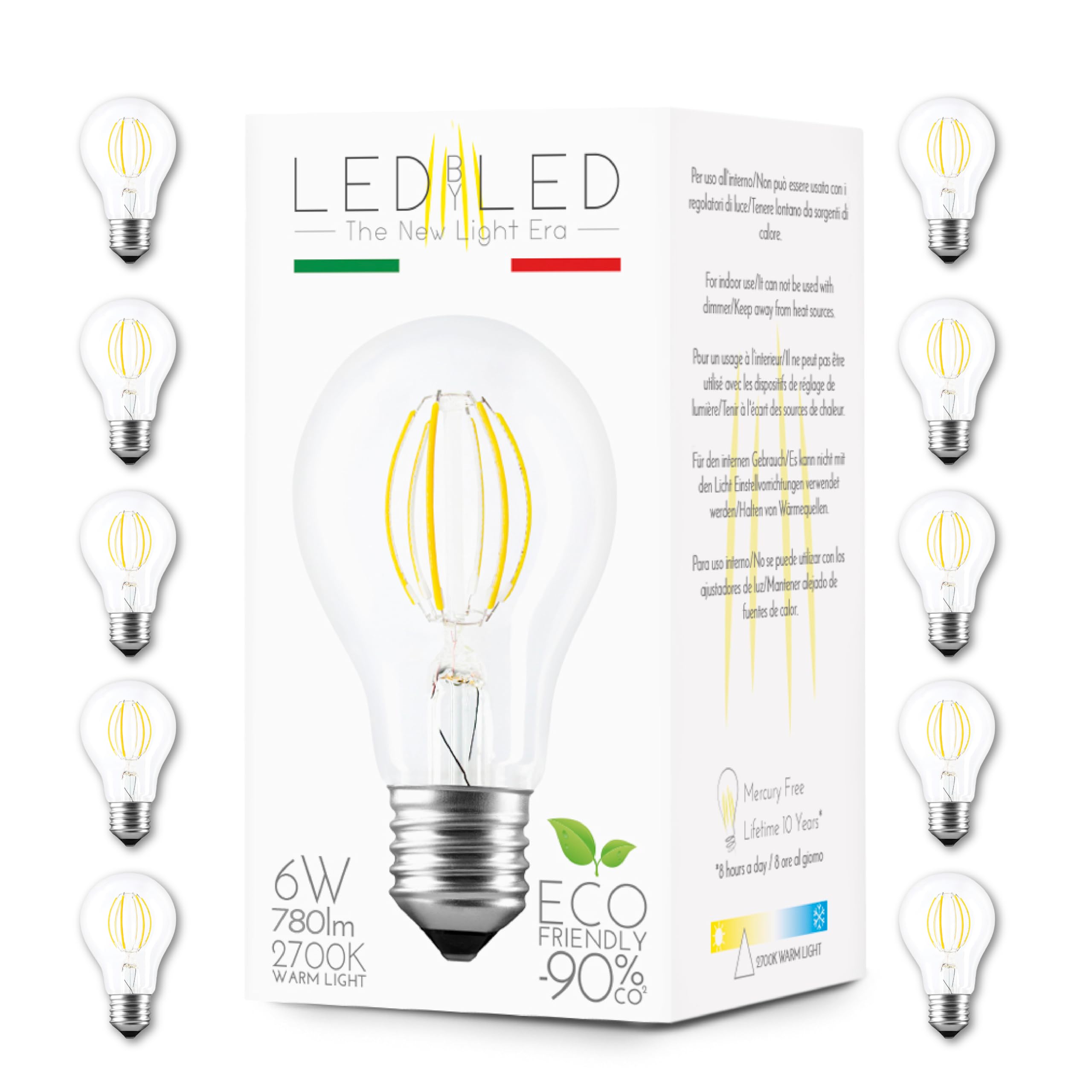Lampadina Goccia 6W Pari a 60W, E27, Vetro Trasparente, 2700K Luce Calda, Filamento Curvo, 780 Lumen, Pack 10 Pezzi