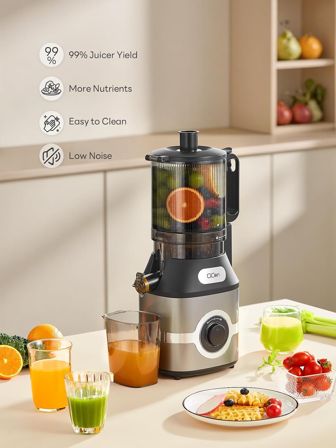 QCen Cold Press Juicer, 5.5” Wide Feed Chute Slow Masticating Juicer Machine for Whole Fruits and Vegetables, Easy to Clean (Gray)