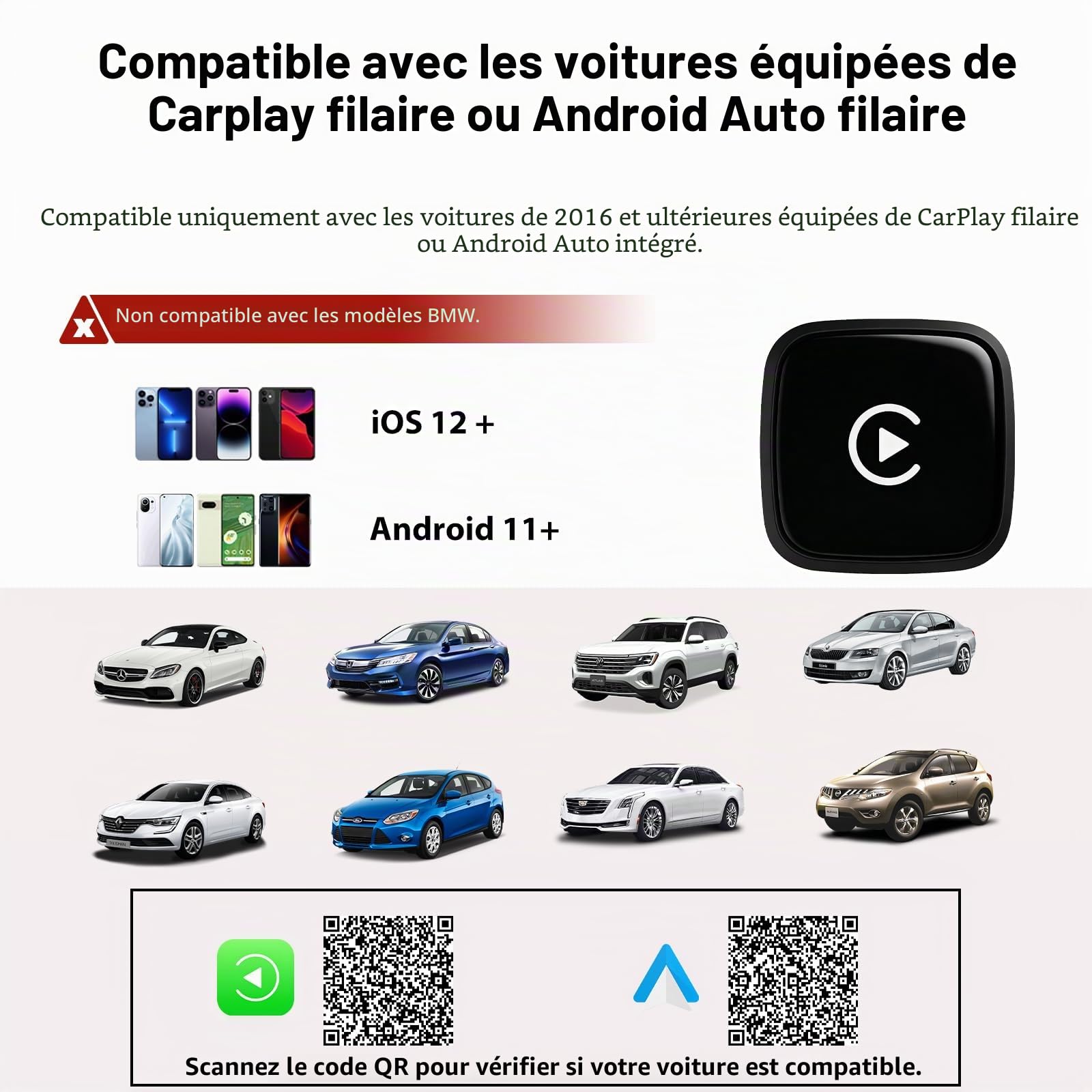 Sunweyer S41 Adaptateur Automatique sans Fil CarPlay et Android en Forme de L : Mise à Niveau Filaire vers sans Fil, Design Compact de Moins de 2 cm pour Voitures filaires d'usine (L Noire)