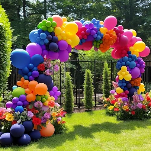 Kit de guirnalda de globos coloridos, arco de globos de doble relleno, rosa, naranja, amarillo, verde, azul marino y morado, pastel para cumpleaños,