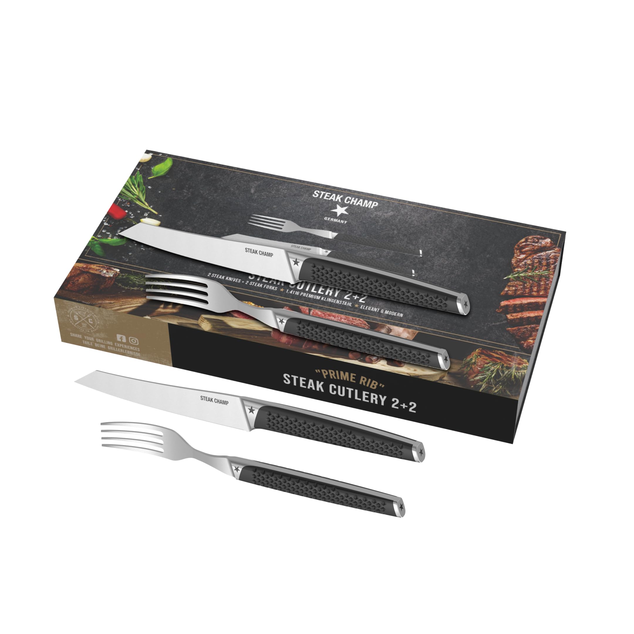 Steak Champ Set de Couverts Prime Rib: 2 couteaux & 2 fourchettes à steak en acier, poignées antidérapantes, design élégant, lame de 12,5 cm, idéal pour filet & ribeye, inclus boîte cadeau, 4 pièces