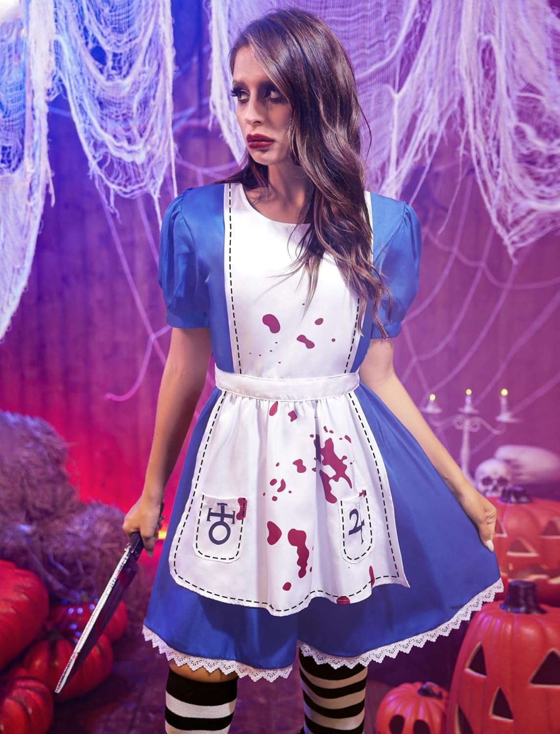 For G and PL Halloween Women Aliec Adult Novelty Dress One Piece Puff Sleeve Apron Broken Bloody Cosplay Scary Costume Blue L - Image 3