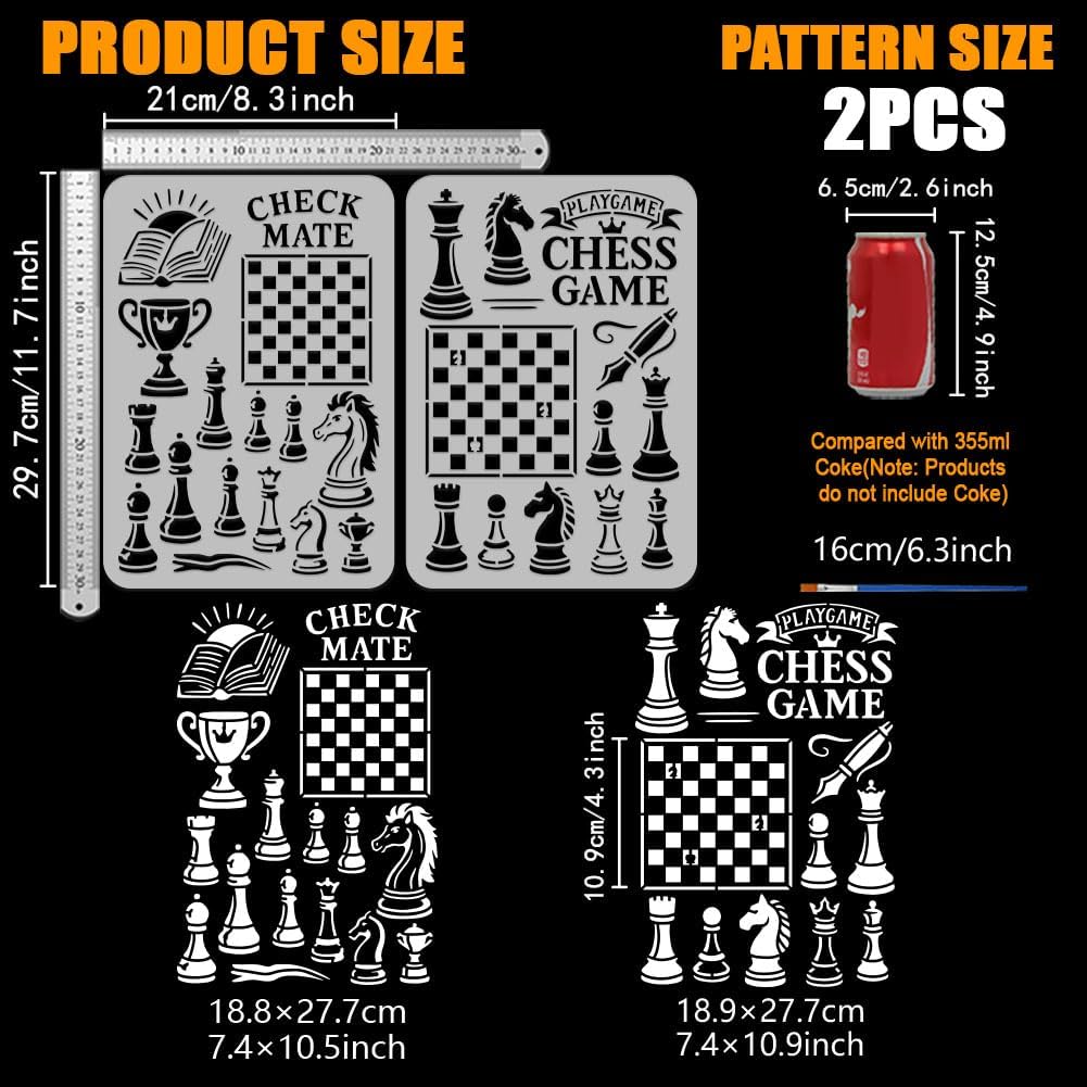 FINGERINSPIRE 2PCS Chess Journal Painting Stencil with Paint Brush 8.3x11.7inch Plastic Chessboard Drawing Template Chess Pieces Check Mate Stencil Daily Theme Template for Wall Floor Decoration
