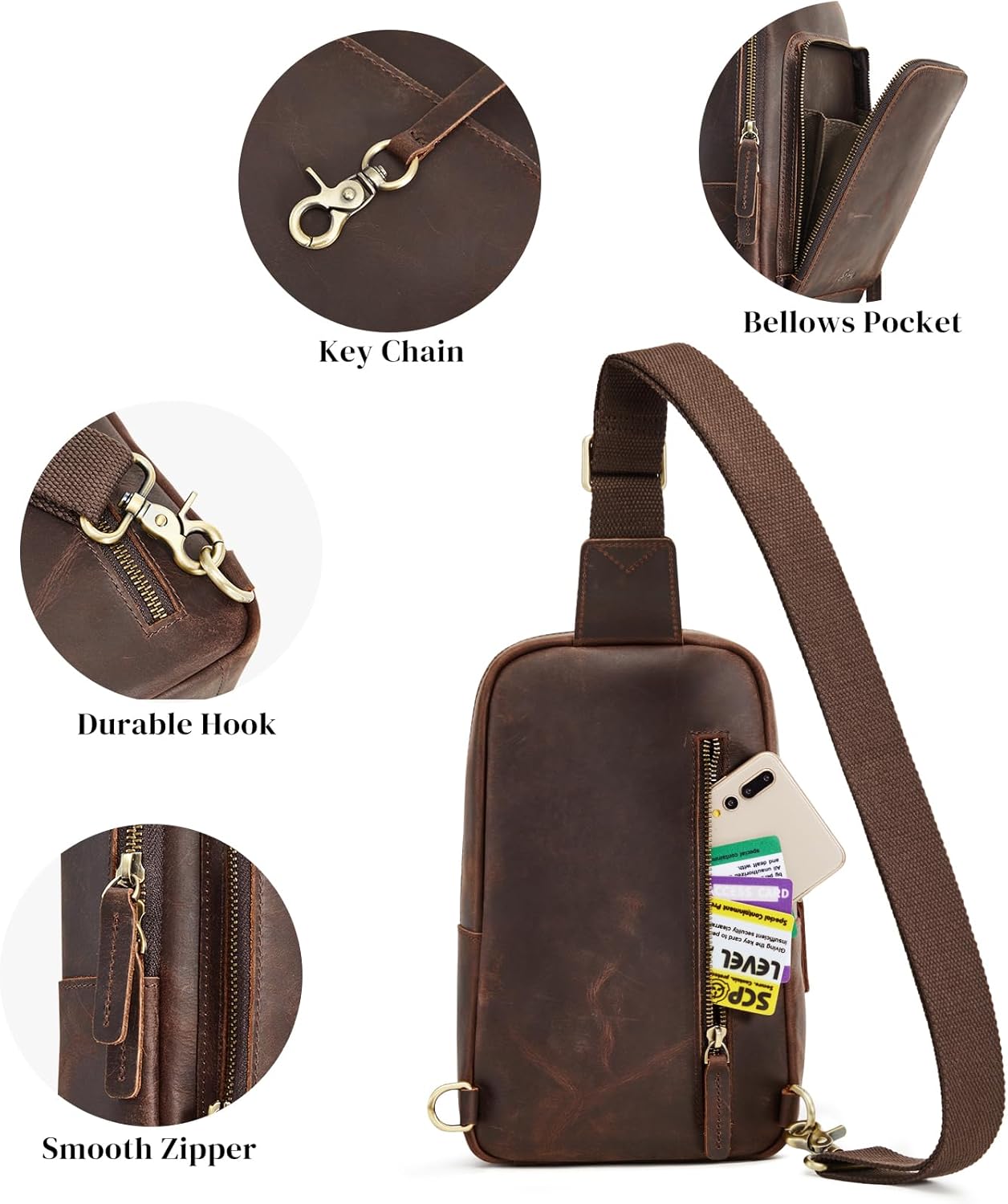 S-ZONE Sling Bag for Men Women RFID Blocking Top Grain Leather Crossbody Shoulder Bag Chest Hiking Daypack Travel - Image 6