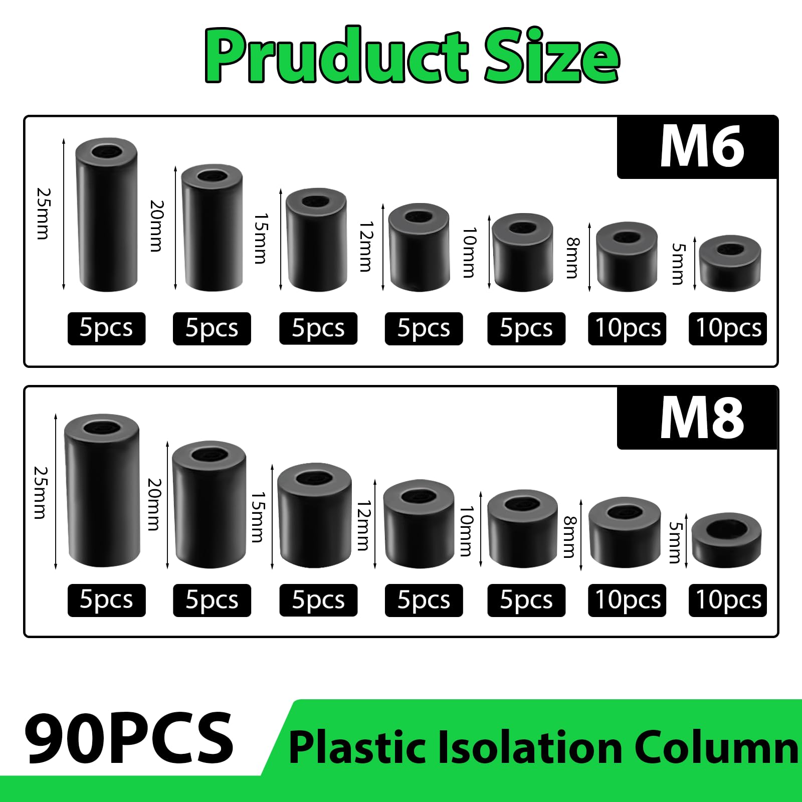CONNECTION 90 Pezzi M6 M8 Rotondo Distanziatori Kit Assortito di ABS Plastica Distanziatori Rotondi Distanziali Isolanti Rondelle Distanziali in Plastica per Viti Prese Elettriche Macchinari (Nero)