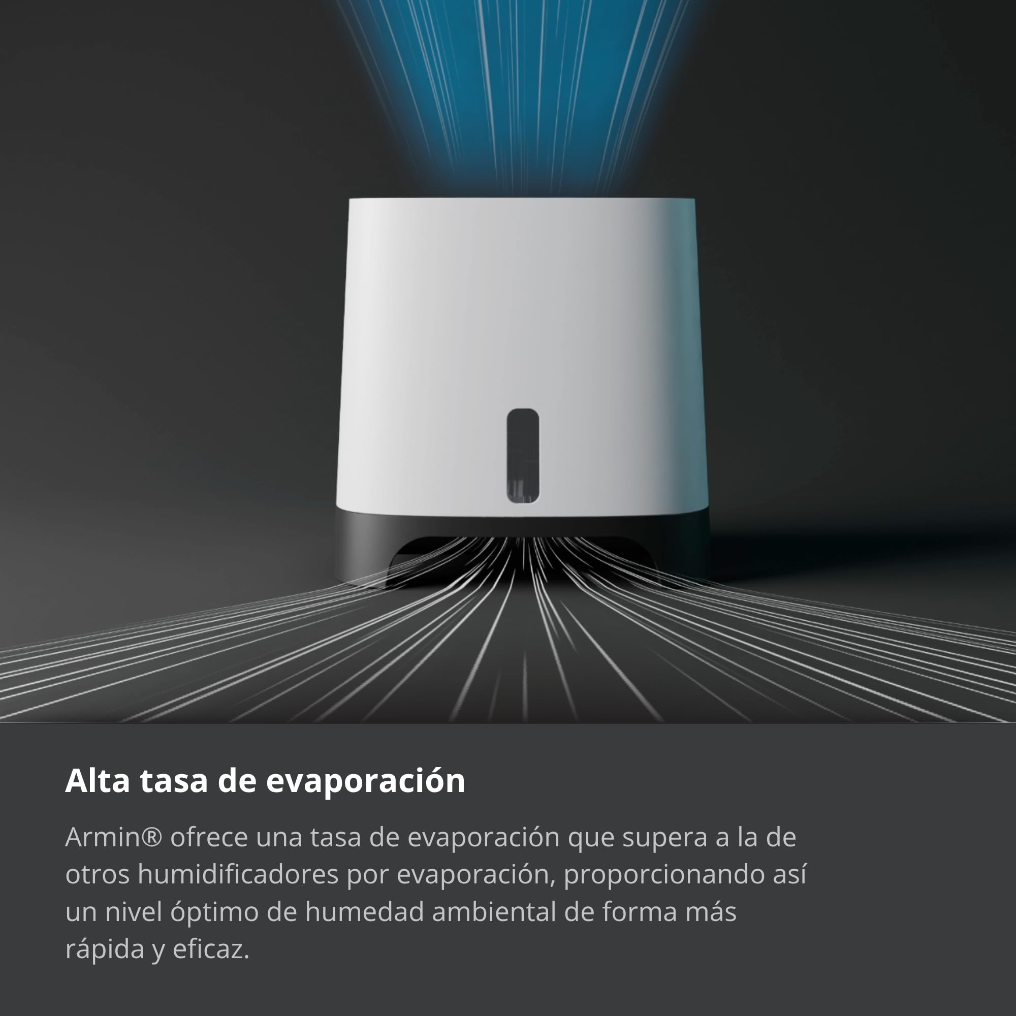 Meaco Armin Humidificador evaporativo de 300 ml, para habitaciones de hasta 44 m², depósito de 2,4 l, adecuado para agua blanda y dura, aire puro y óptimo humidificado, sin residuos blancos
