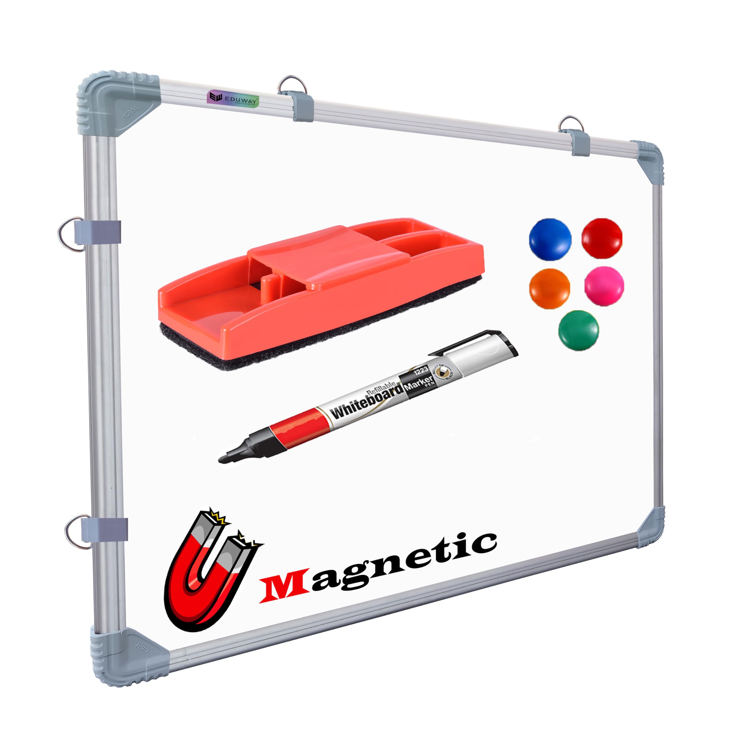 Eduway Magnetyczna tablica suchościeralna z (marker, kurz i magnesy), idealne zastosowanie do domu, biura, dzieci z przesuwanymi klipsami do zawieszenia, solidna aluminiowa rama i gładka powierzchnia