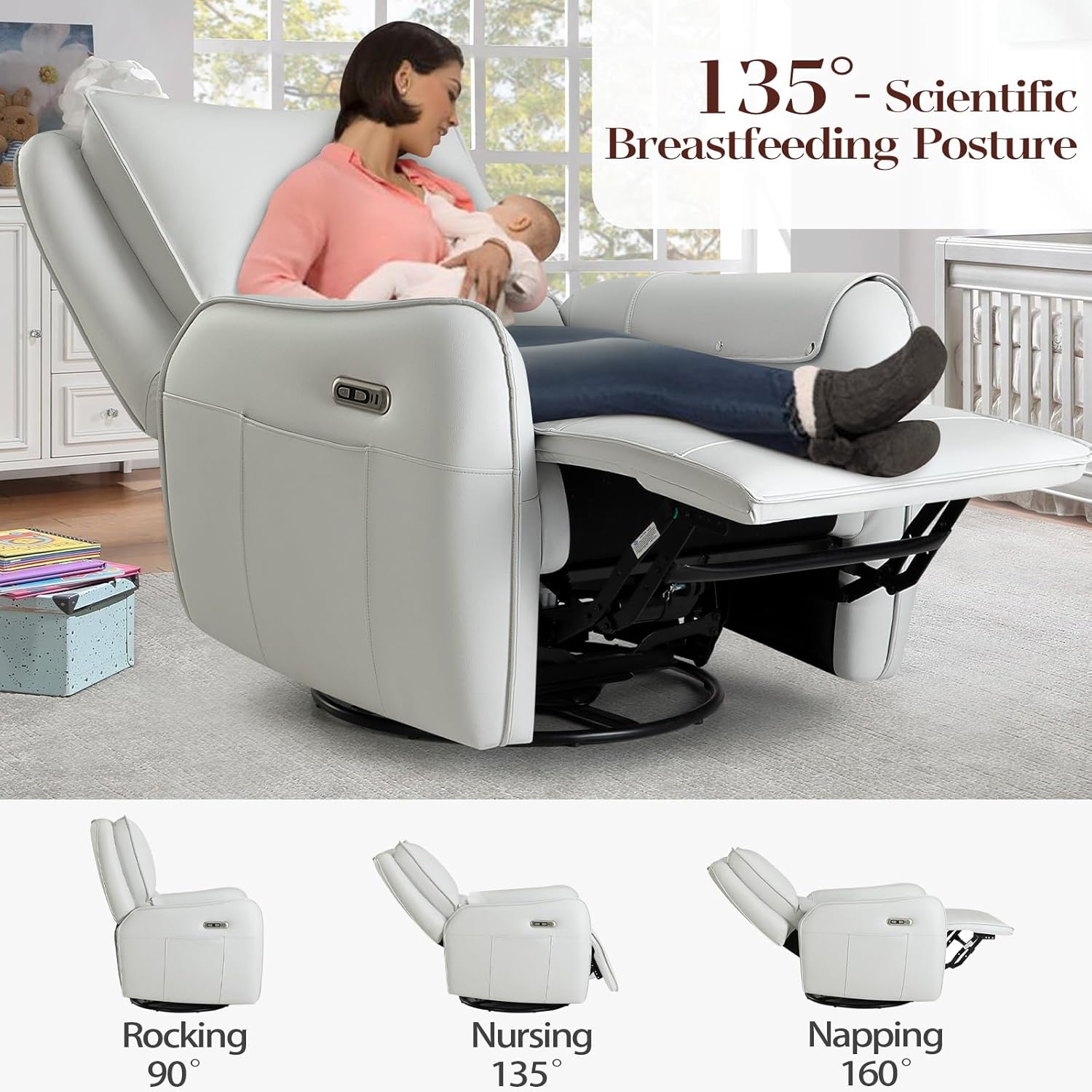 Power Recliner Gliders for Nursery, Electric Swivel Rocker Recliner Chair, Comfy Upholstered Living Room Reclining Rocking Chairs with Lumbar Support (Gray, 41" X 40" X 36")