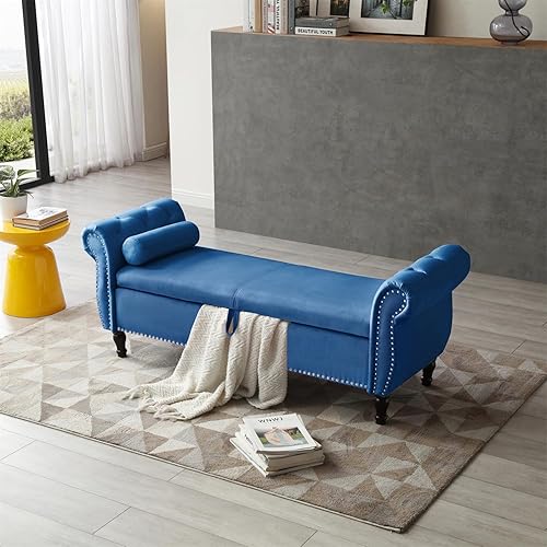 Miniatura 54 de HMFULE Taburete rectangular de almacenamiento multifuncional de 63 pulgadas, patas de madera maciza, banco tapizado de terciopelo con 1 almohada