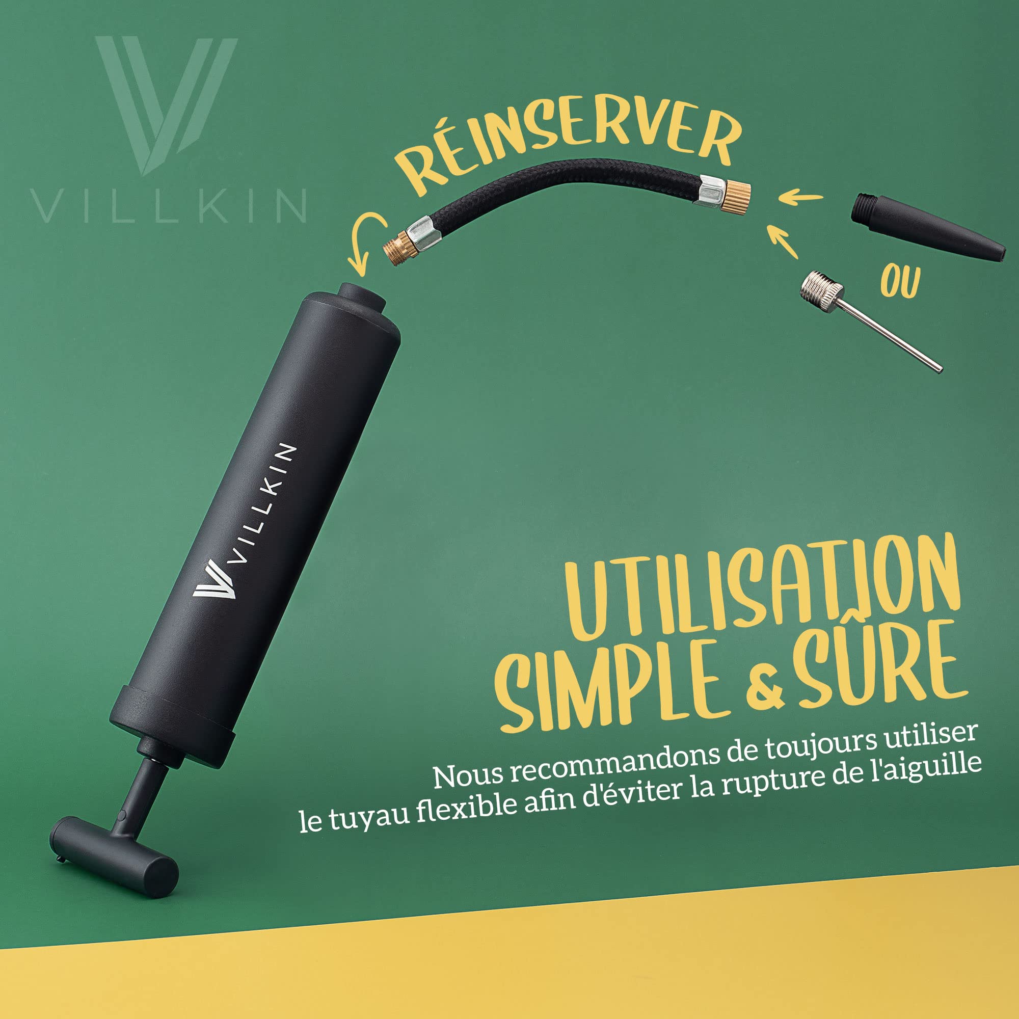 Villkin Pompe à ballon avec compartiment à aiguilles – Avec 4 aiguilles en métal, 2 aiguilles en plastique, 1 tuyau flexible – Convient pour le gonflage rapide du football, basketball, handball, etc