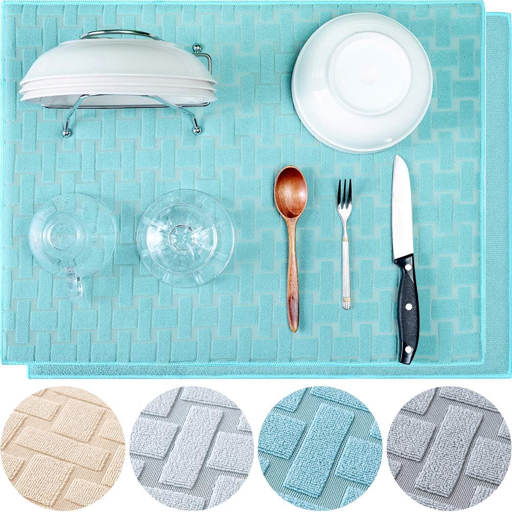 Dish Drying Mat 2 Pack XL Blue Cross Sculpted Microfiber Super Absorbent Kitchen Counter Drying Mat