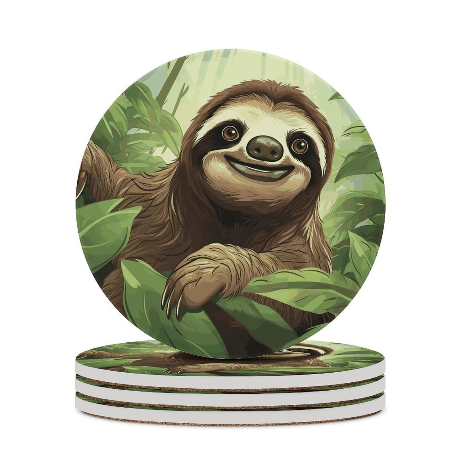 Sloths Background Coasters for Drinks Absorbing Round Ceramic Stone Coaster with Cork Base Coffee Cup Beverage Table Cup Mat Modern Style Bar Coaster Set for Home Decor