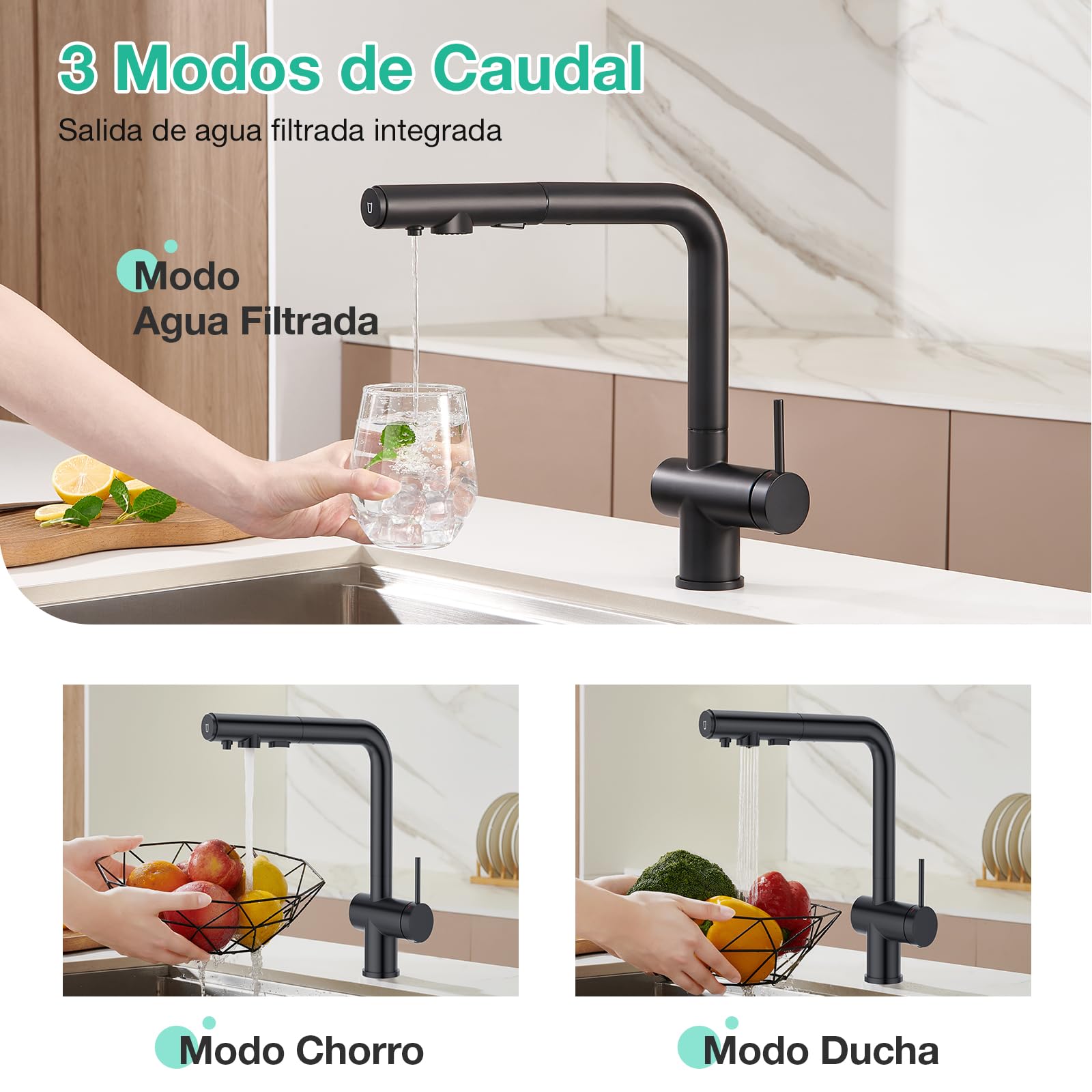 Faustina Grifo de Cocina para Fregadero de 3 vías con Ducha Extensible, Mezclador Monomando de Agua Potable para Sistema de Ósmosis y Filtro, negro